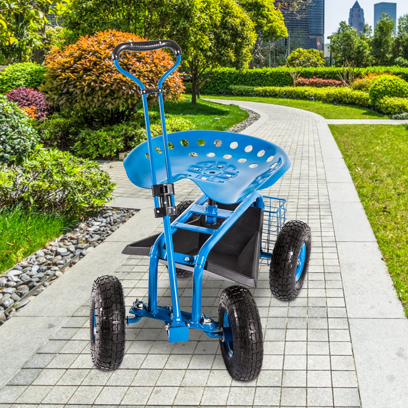 Heavy Duty Rolling Garden Cart Scooter Stool with Seat & Wheels - Adjustable Handle 360° Swivel Mobility Scooter - Perfect for Gardening, Landscaping & Outdoor Chores (Blue)