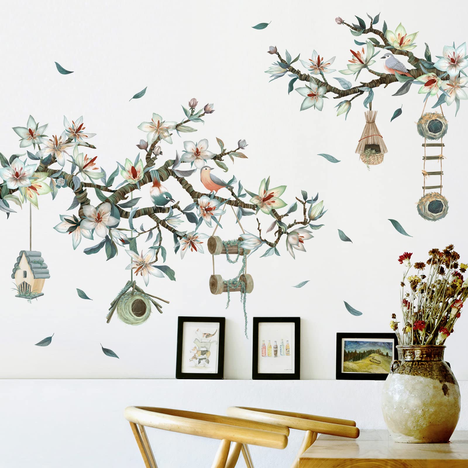 3D Magnolia Branch Wall Decals - DIY Removable Wall Stickers with Birdhouse & Flowers, Rustic Home Decor for Bedroom, Living Room, Nursery, Kitchen | Perfect for Girls Room, Farmhouse & Boho Style Interior Design