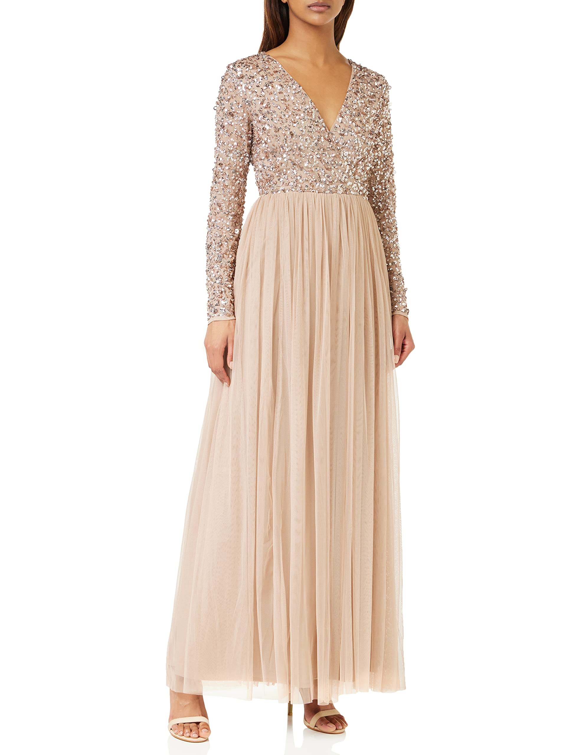 Elegant Maya Deluxe Women's Long Sleeve V-Neck Sequin Maxi Dress for Wedding Guest, Bridesmaid, Prom, Evening Gala & Special Occasions | Formal Party Gown with Embellished Details