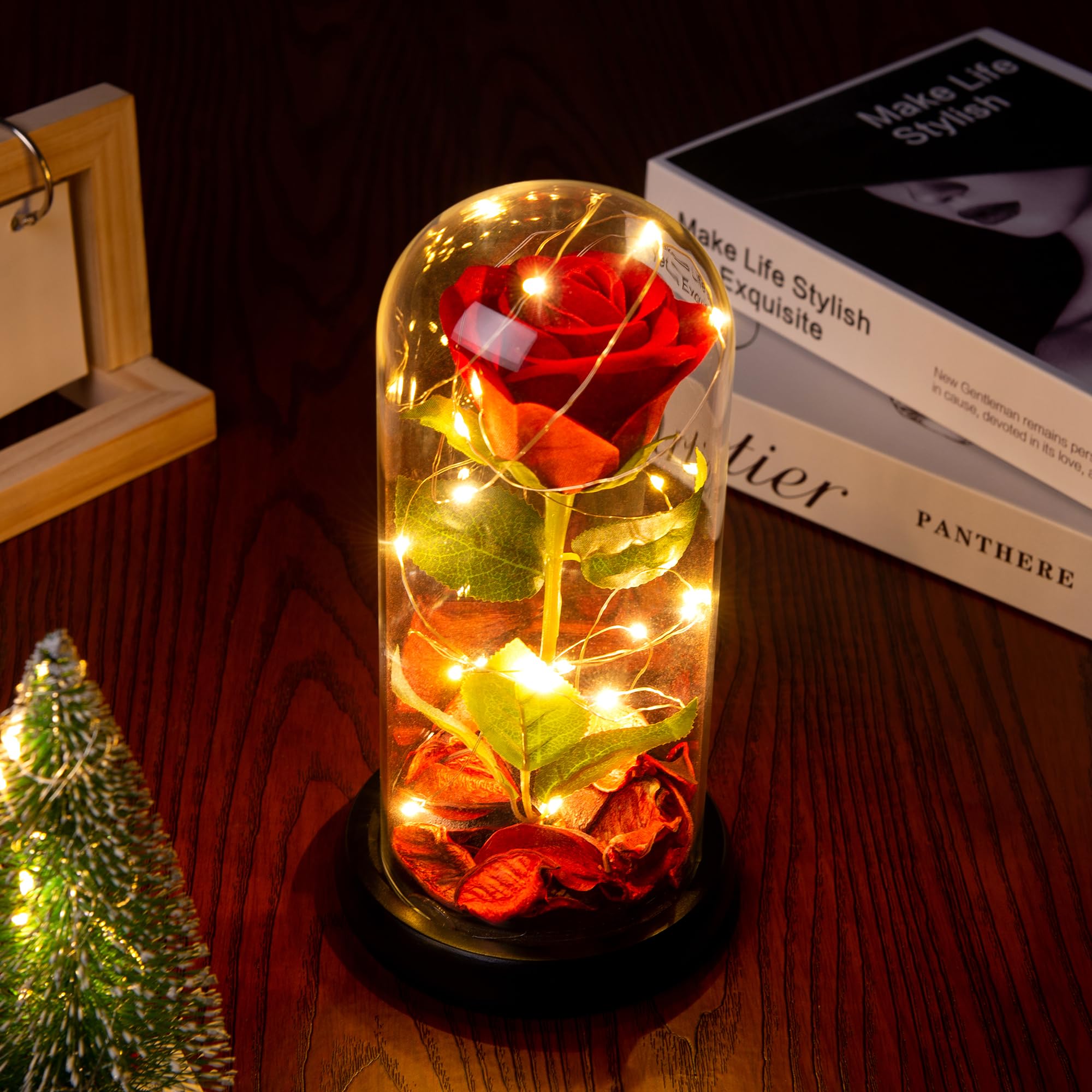 Forever Silk Rose in Glass Dome - Valentine's Day, Birthday & Mother's Day Gift for Women - Light Up Preserved Roses with Galaxy Red Silk Flower - Romantic Home Decor & Special Occasion Present