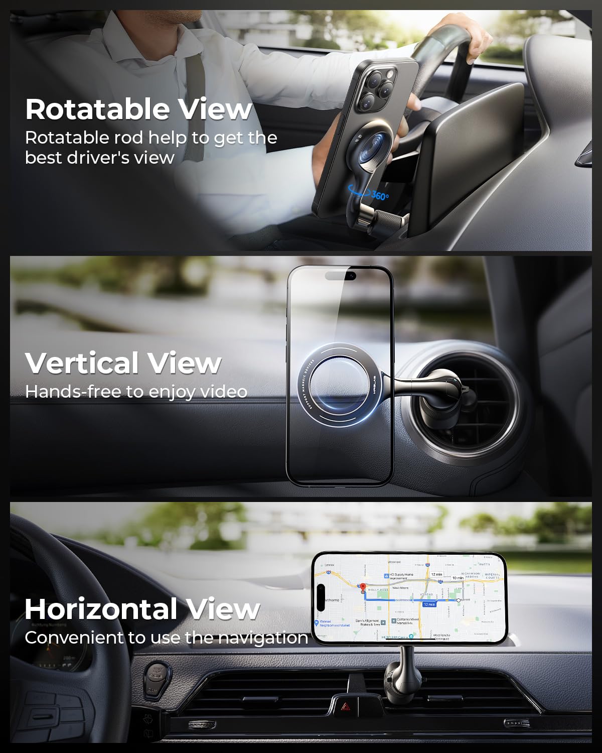 MRGLAS MagSafe Car Mount with 40 Strong Magnets & 360° Rotation - Magnetic Phone Holder for iPhone 15/14 Pro Max & Samsung S24 - Includes Car Charger & Double Metal Hook - Perfect for Safe Driving & Hands-Free Navigation