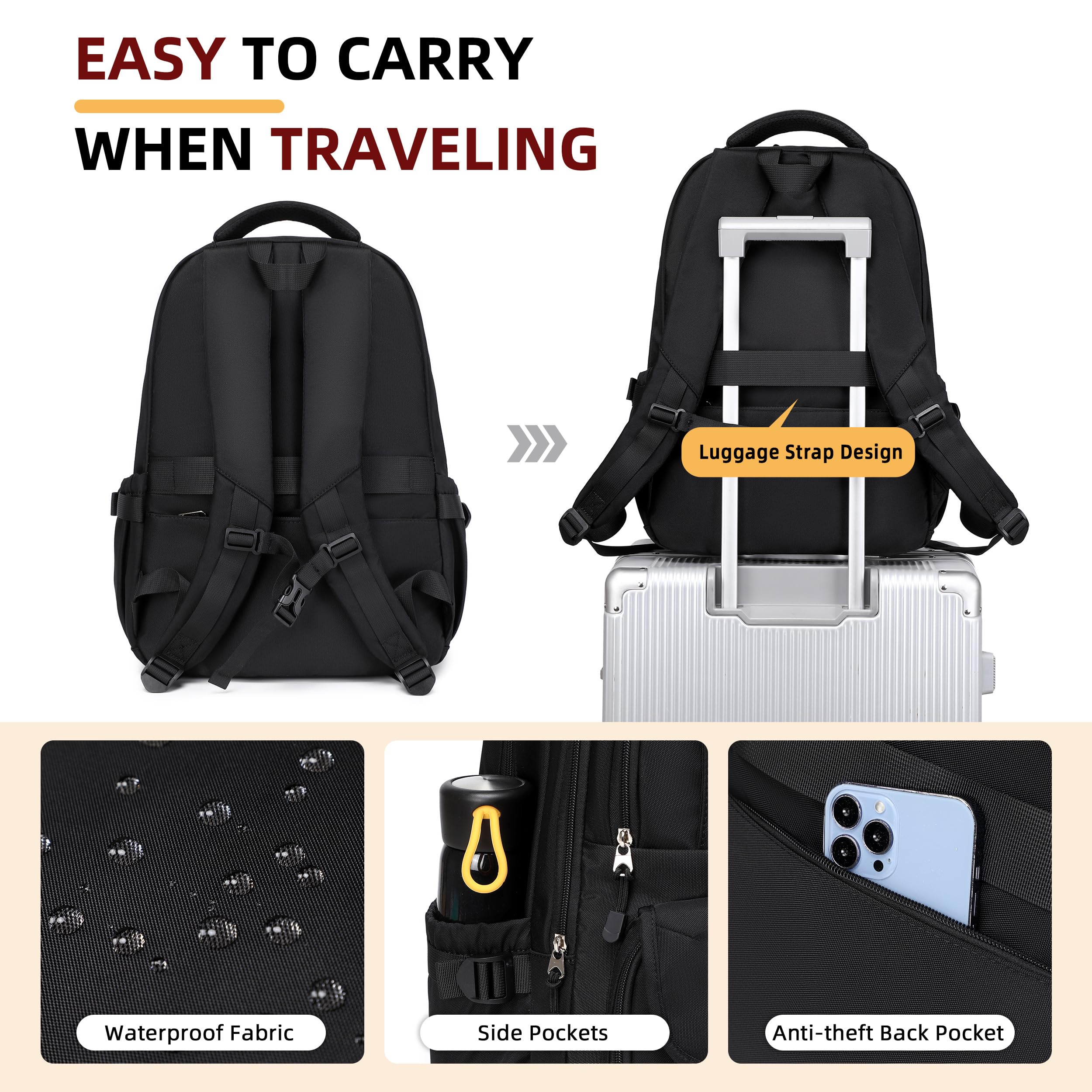 Stylish Waterproof College Backpack for Teens & Adults - 15.6 Inch Laptop School Bag for Students, Women & Men - Perfect for Travel, Work & Daily Commute - Durable Bookbag for School, Office & Business Trips - Black
