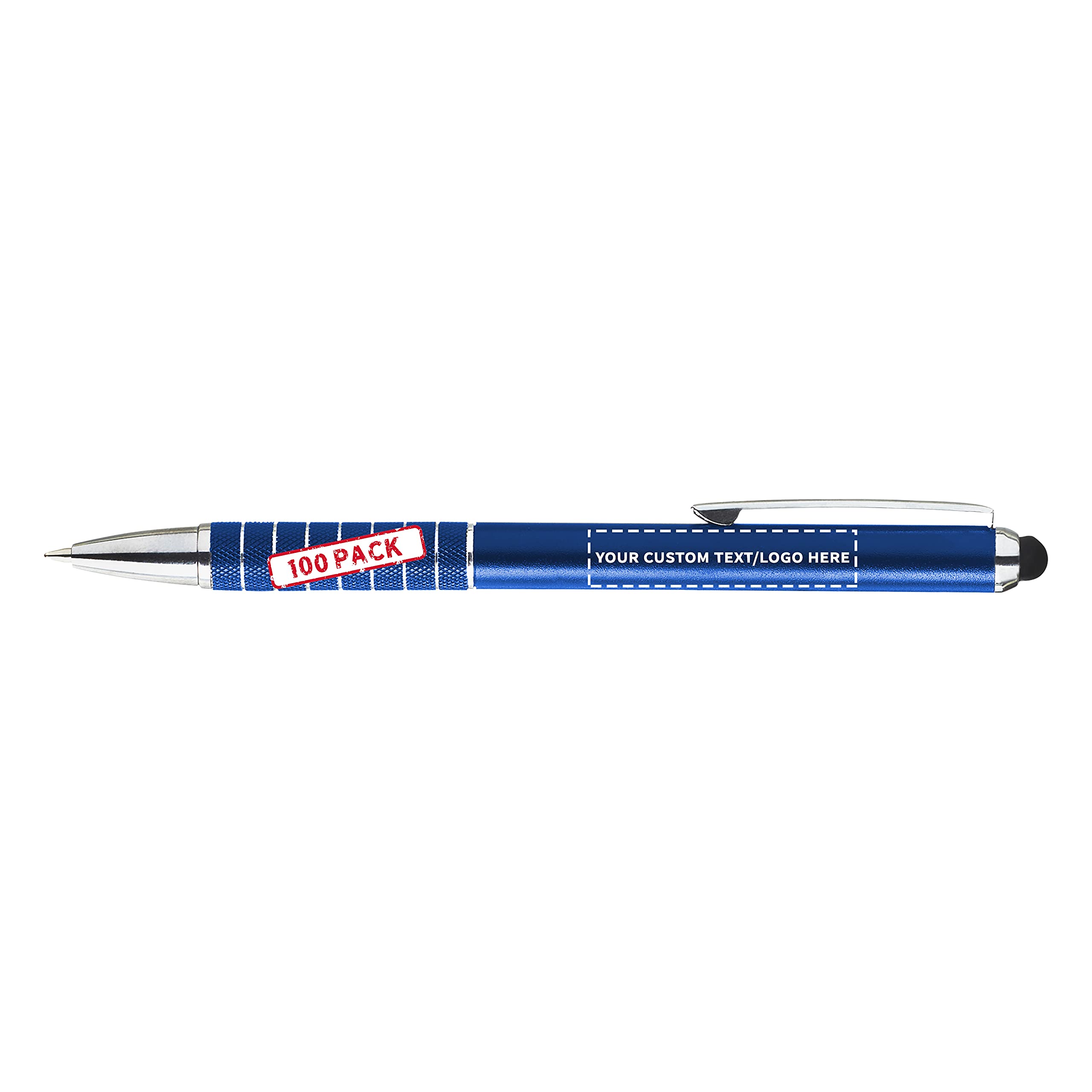 100 Pack Twist Action Metal Stylus Pens with Custom Text/Logo - Dual Tip Smooth Writing Black & Blue Ink - Perfect for Tablets, Smartphones, Office Use & Bulk Business Promotions