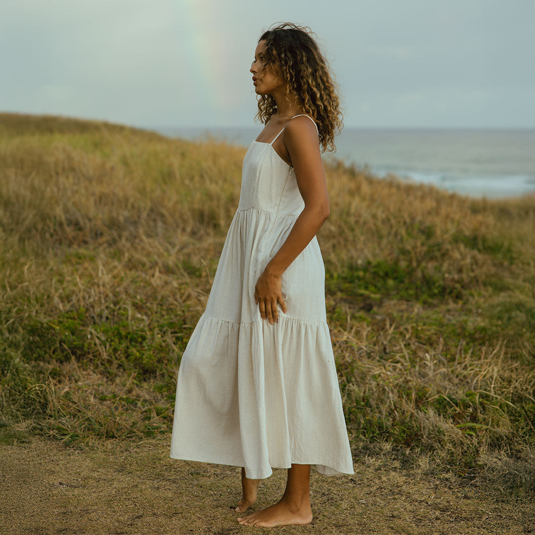 Elegant Cabo Midi Dress in Sand Color - Perfect for Beach Vacations, Summer Parties & Casual Outings