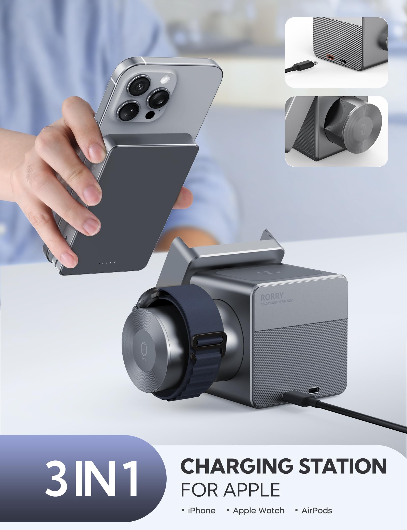 RORRY 3-in-1 Magnetic Wireless Charging Station with 10000mAh Power Bank - Compatible with iPhone 16/15/14/13/12, Apple Watch Ultra 2/3/4/5/6/7/8/9/10 & AirPods - Fast Charging Stand for Home, Office & Travel (Metallic Gray)