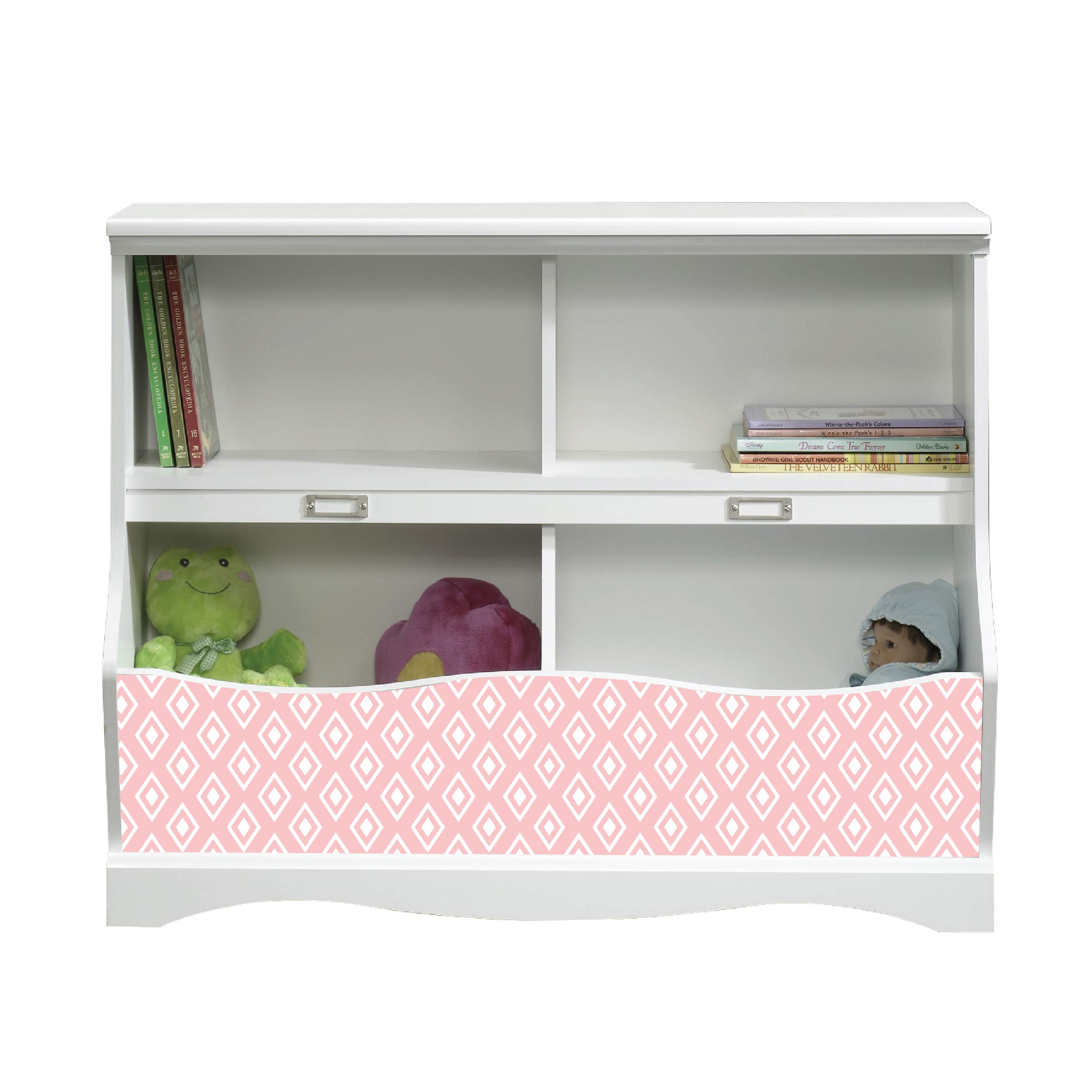 LifeSong Milestones Bookcase Footboard with Cubbyhole - White & Pink Kids Book Shelf Toy Storage Organizer for Nursery, Playroom & Bedroom - Perfect for Organizing Books, Toys and Decor in Children's Rooms