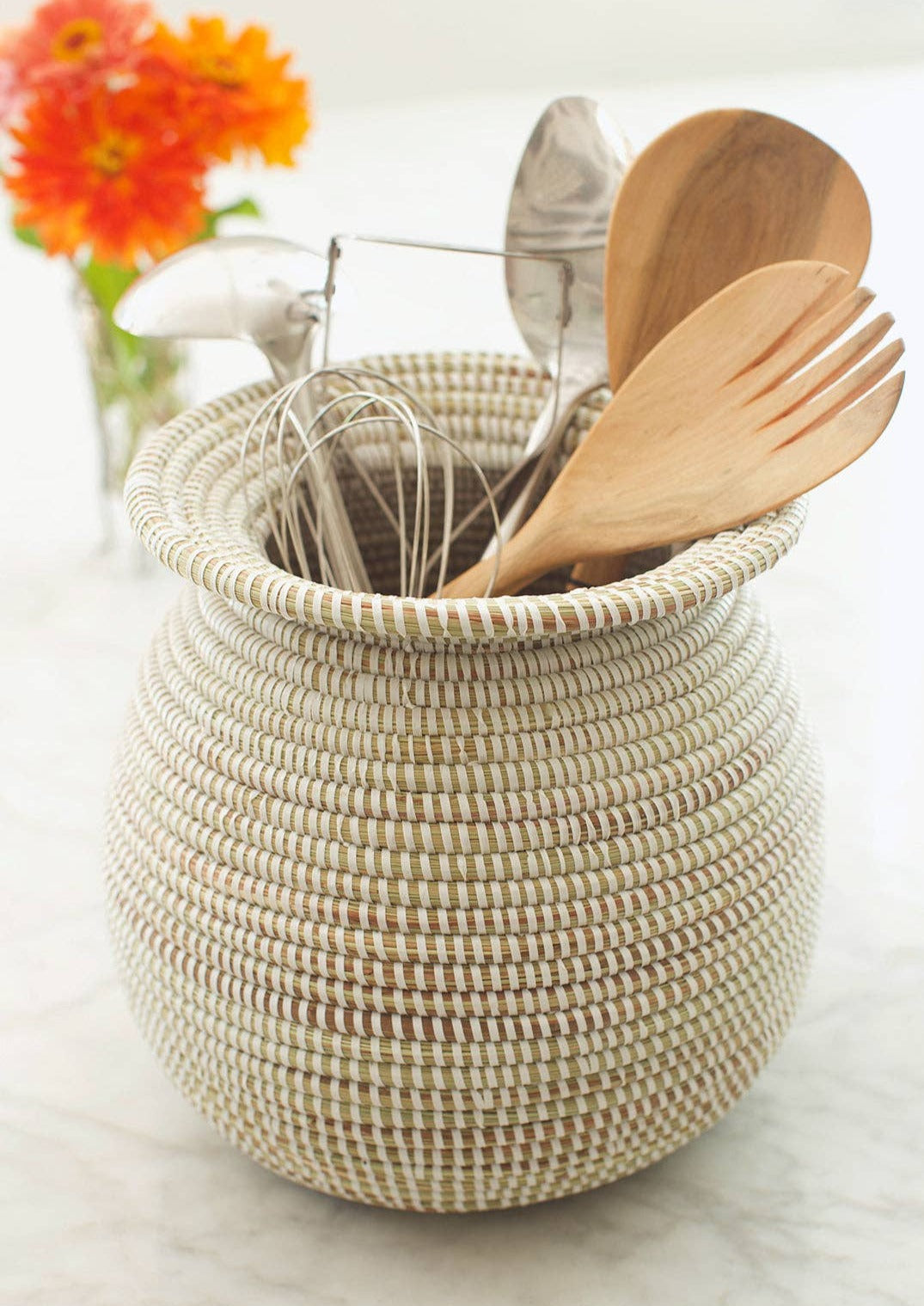 Handwoven White Senegalese Storage Basket - Natural African Woven Kitchen Organizer for Fruits, Bread & Home Decor | Perfect for Farmhouse, Boho & Coastal Style Decorations