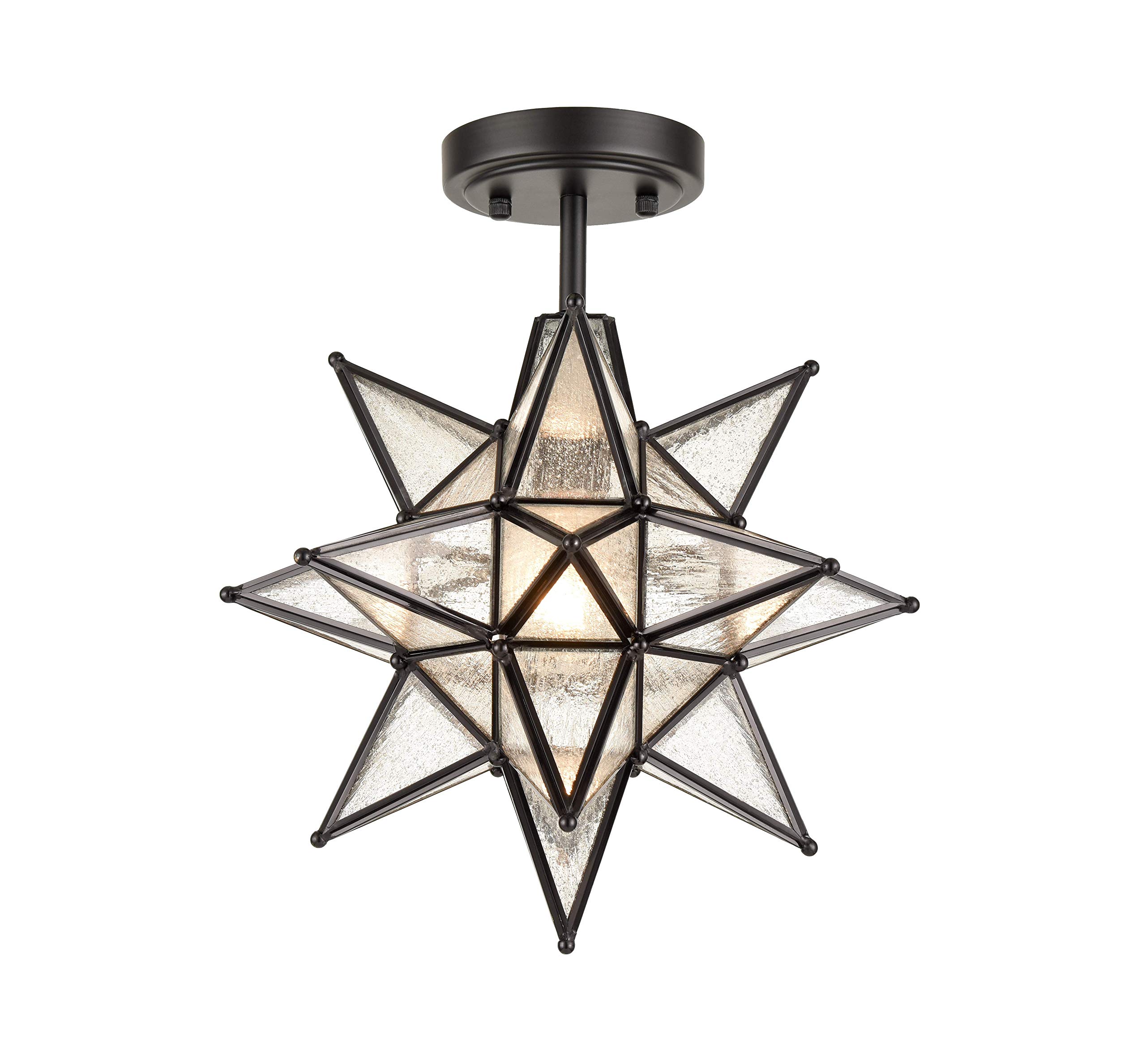 HYDELITE Moravian Star Semi Flush Mount Ceiling Light Fixture - 13 Inch Black Metal Finish with Seeded Glass Shade | Art Deco Lighting for Entryway, Hallway, Bedroom & Kitchen | Perfect for Vintage Home Decor and Cozy Ambiance