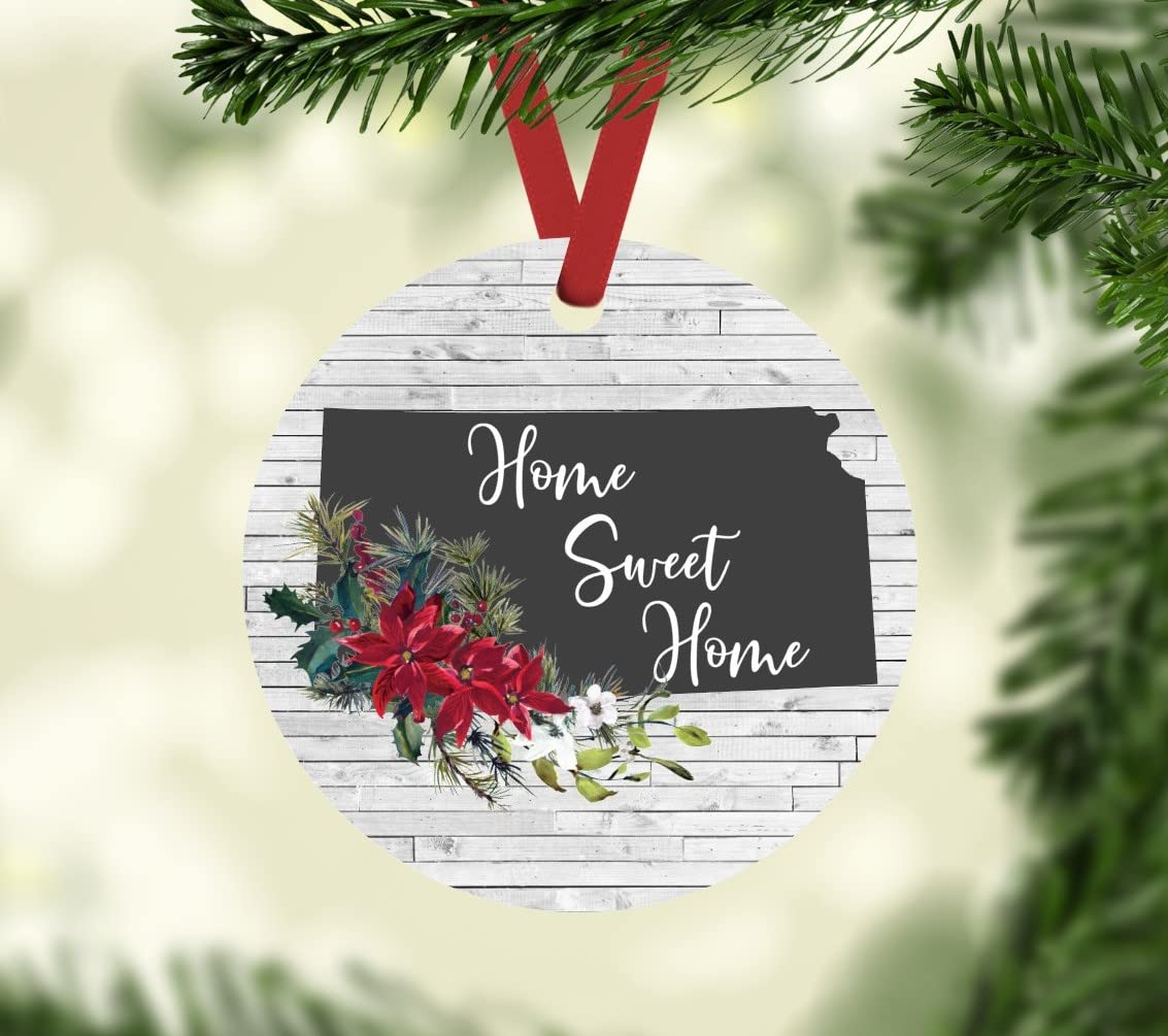 Kansas State Christmas Ornament with Poinsettias - Home Sweet Home Decor for Holiday Tree & Festive Gift Giving