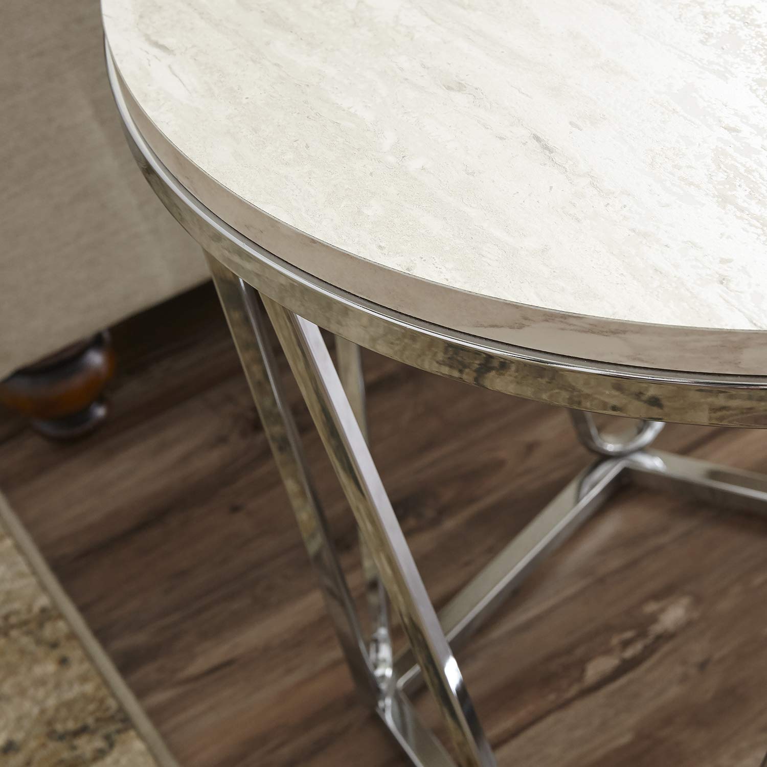 SEI Furniture Luna Faux Stone Round Side Table - Silver Finish Modern Accent Table for Living Room, Bedroom, or Outdoor Patio Decor