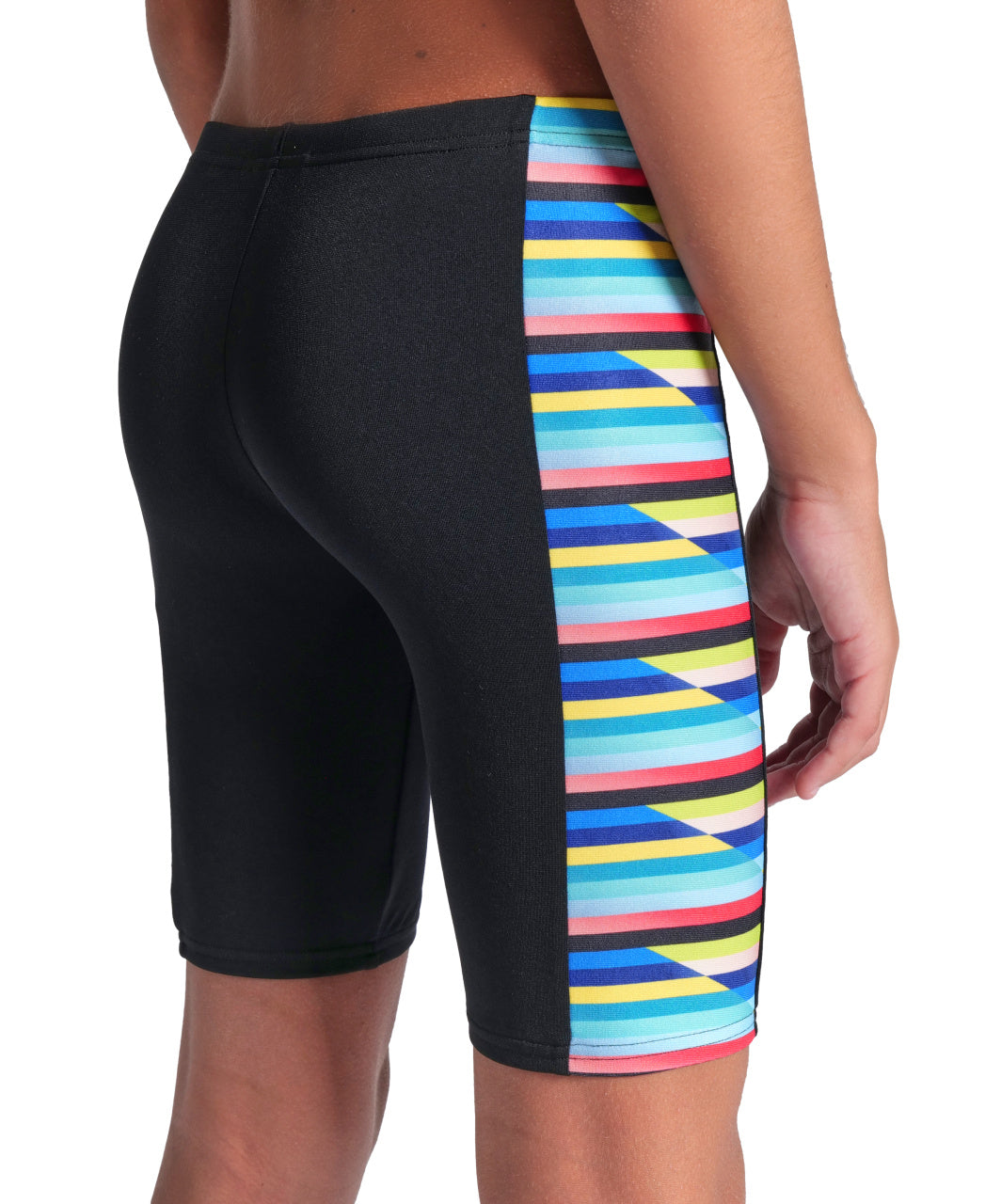Boys Racing Stripe Swim Jammer - Black & Multicolor Quick-Dry Competitive Swimwear for Kids | Perfect for Swim Team Practice, Beach Vacations & Summer Pool Parties