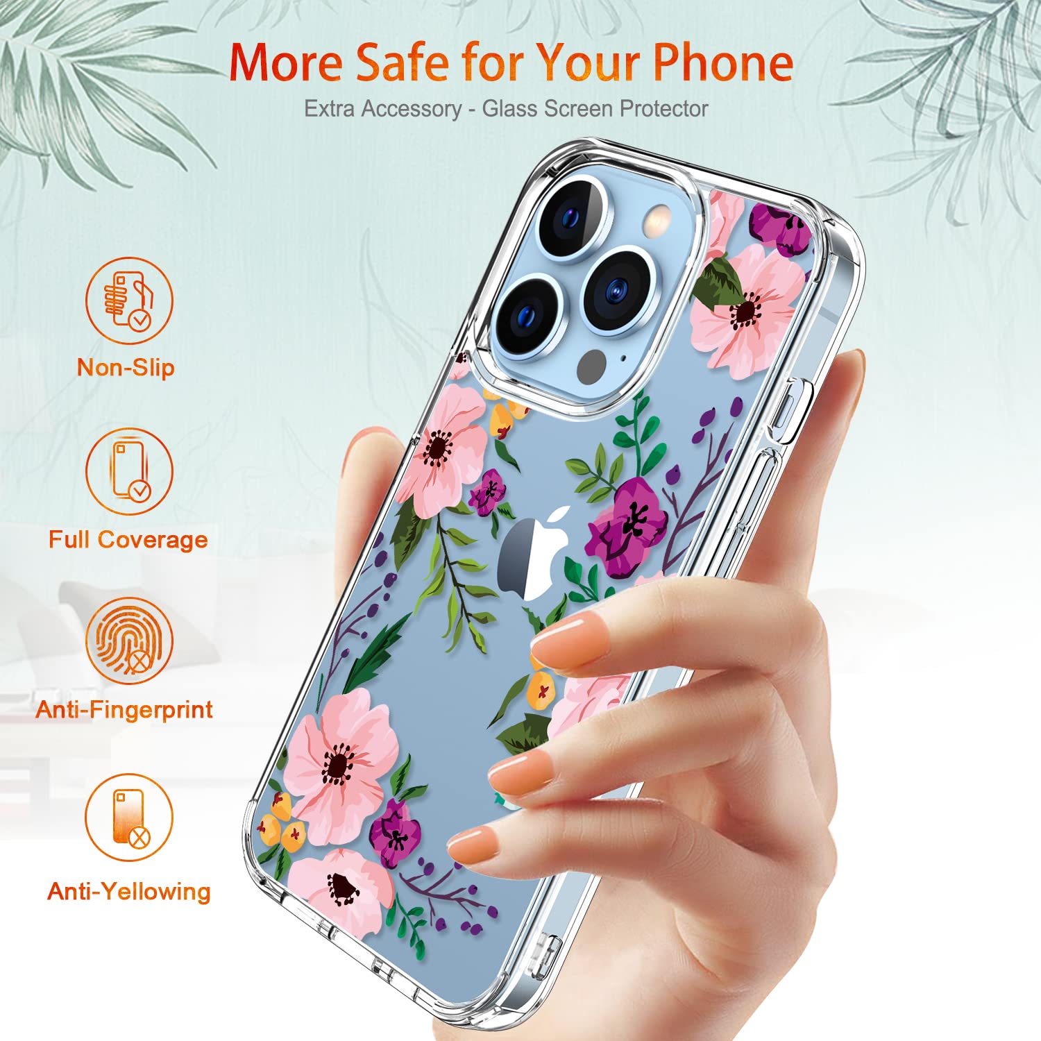 GiiKa iPhone 13 Pro Case with Screen Protector - 6.1 Inch Clear Shockproof Protective Case for Women, Floral Design Hard Case with TPU Bumper Cover - Perfect for Everyday Use, Work, and Travel Protection