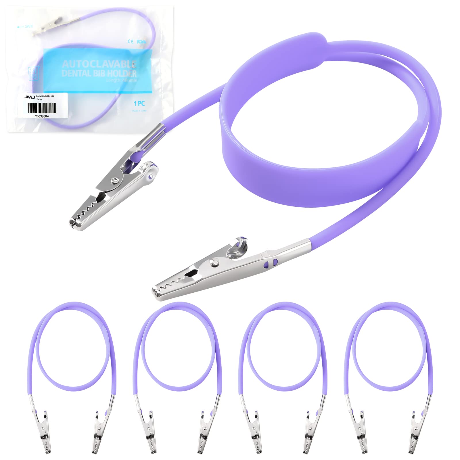 JMU 5 Packs Autoclavable Silicone Dental Bib Clips - Individually Wrapped Purple Bib Holder Clips (1 Per Bag) | Perfect for Dental Clinics, Orthodontic Appointments & Teeth Cleaning Procedures