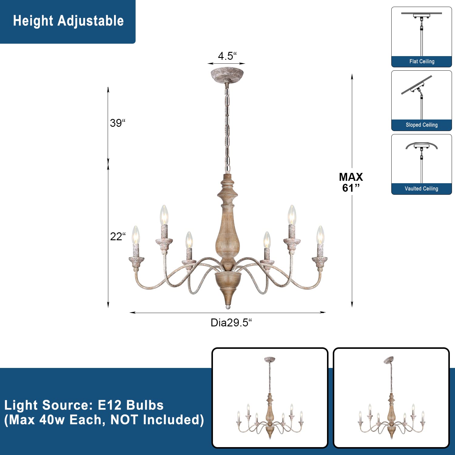 French Country 6-Light Farmhouse Chandelier - Rustic Wood Finish Candle-Style Lighting Fixture for Dining Room, Living Room, Bedroom, Kitchen & Stairway - 29.5