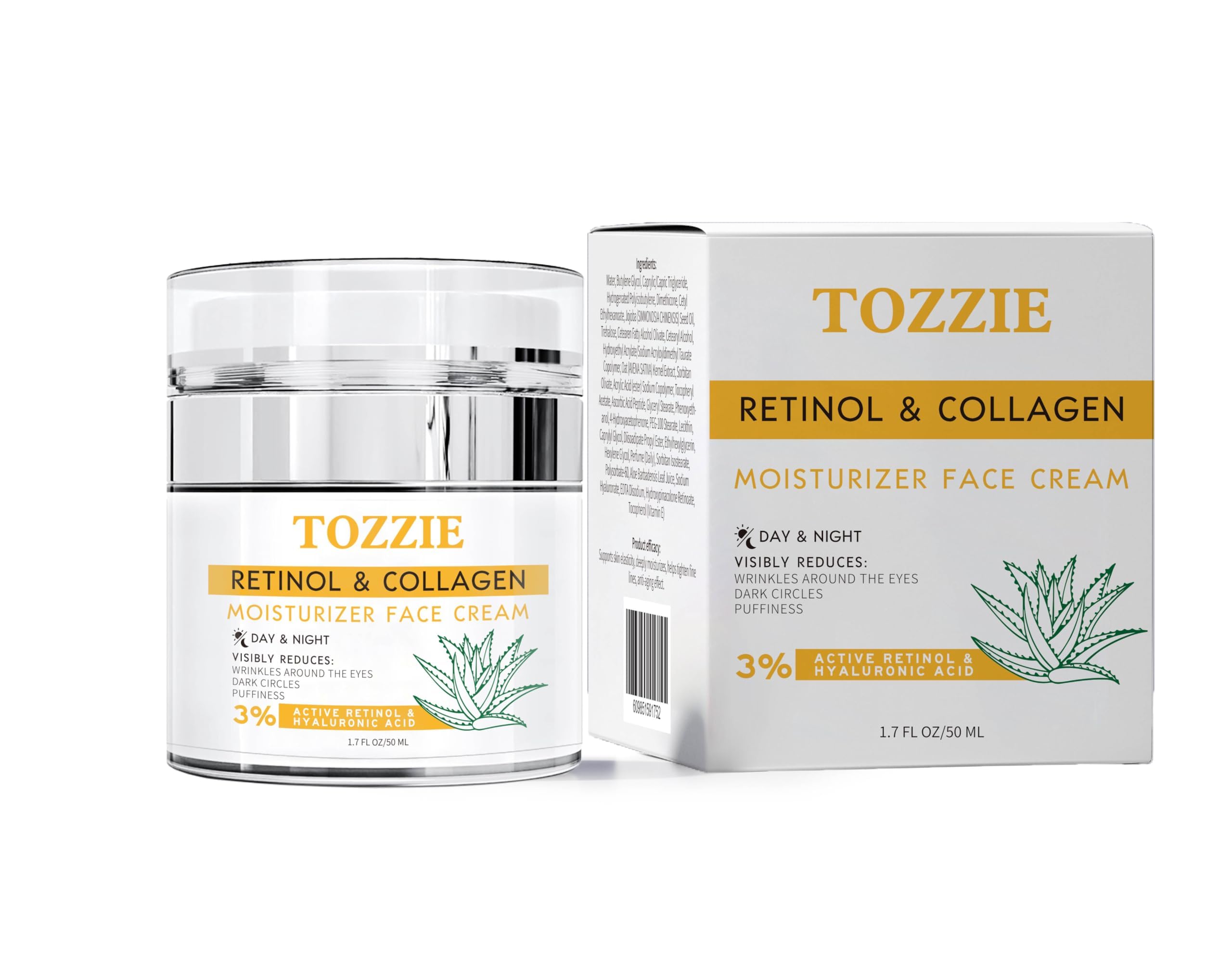 Retinol & Collagen Moisturizer Cream for Face & Neck - Anti Aging Formula with Hyaluronic Acid, Vitamin C & E - 1.7 fl oz - Hydrating & Firming for Younger Looking Skin - Perfect for Night Routine & Daily Skincare