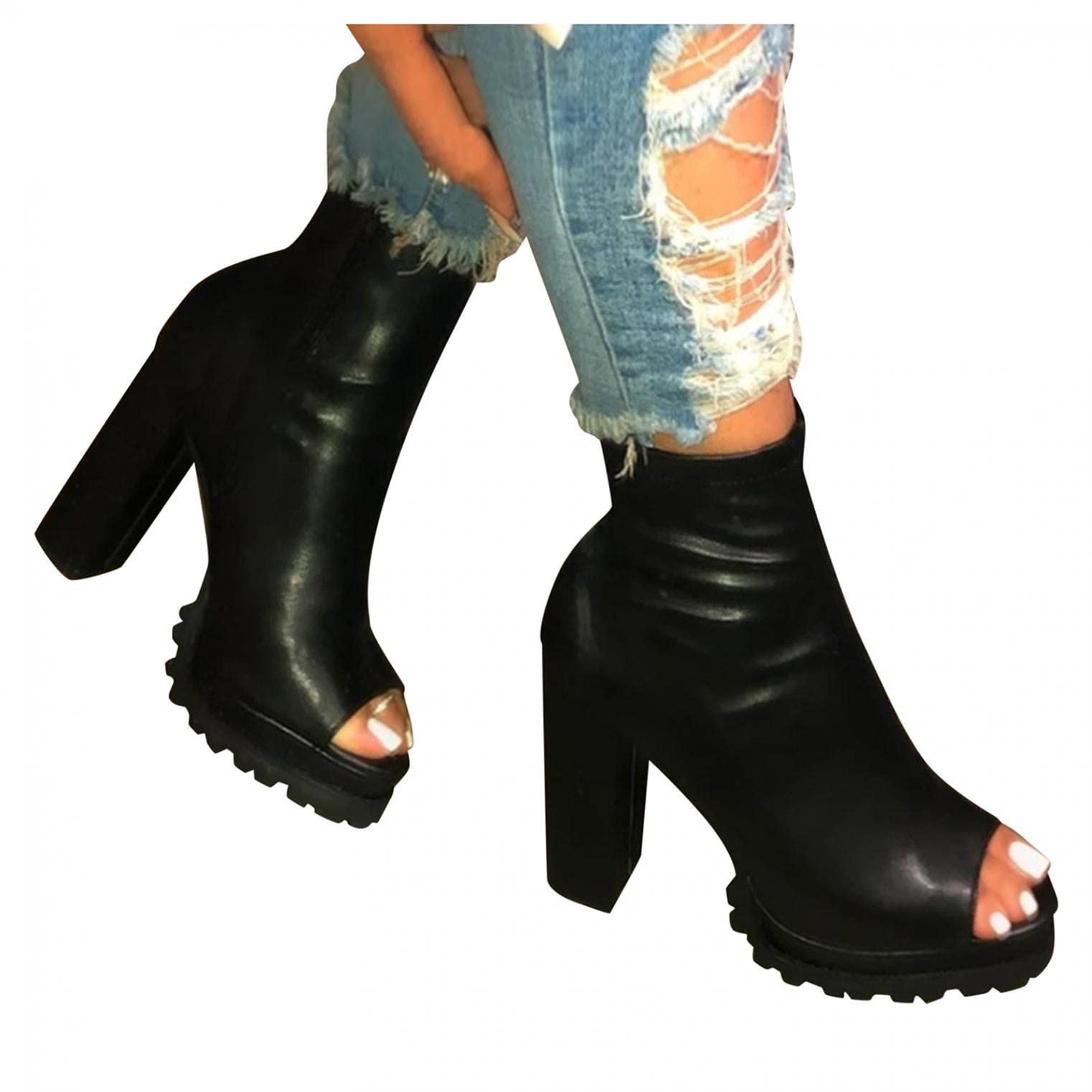 Sexy Women's Platform Dress Pump Boots - Open Toe Chunky Heel Ankle Booties - Fashion Leather Goth Punk Black Casual Shoes for Party, Halloween & Night Out