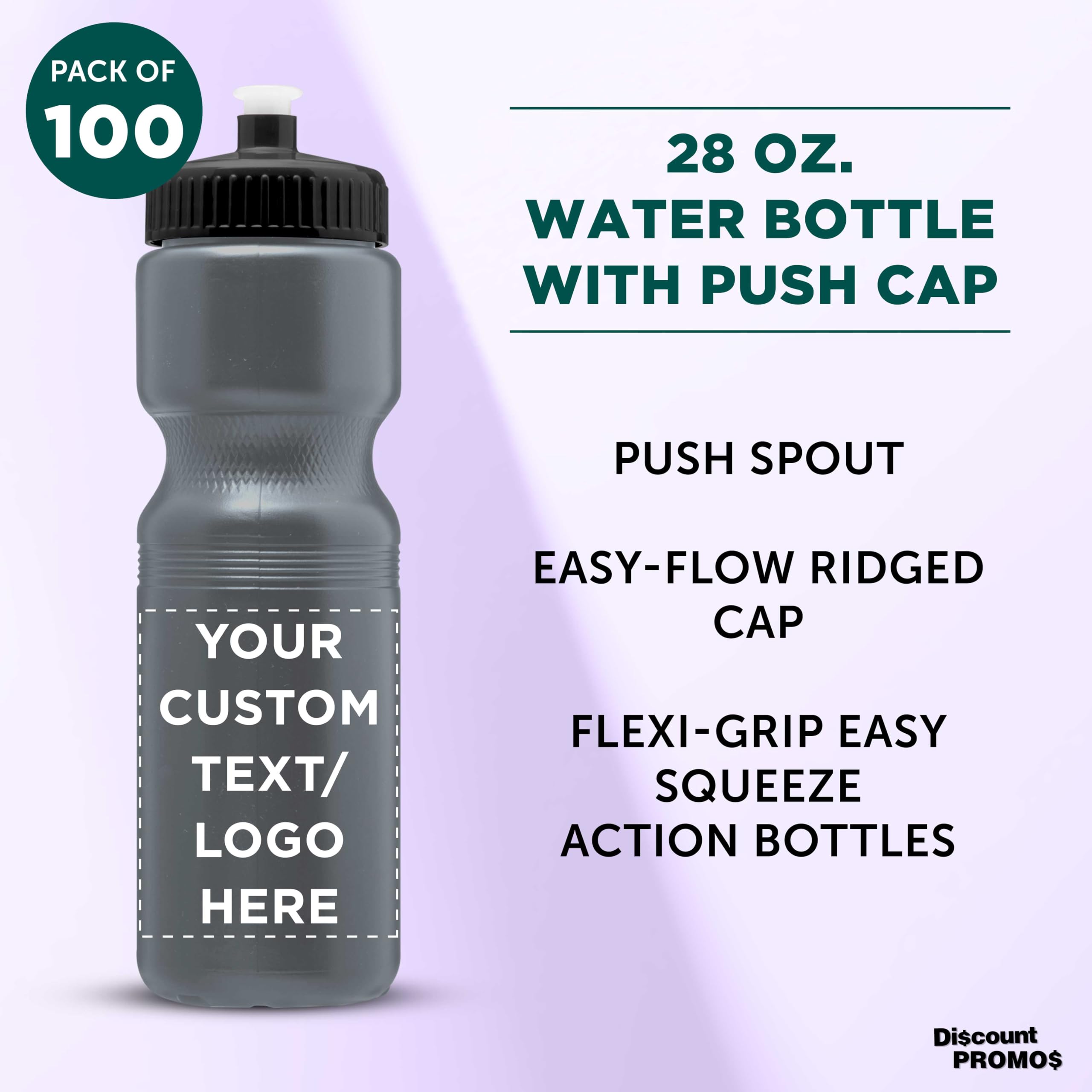 28 oz Custom Push Cap Plastic Water Bottles - Bulk Pack of 100 - Personalized Water Bottles for Gym, Hiking, Camping & Outdoor Sports - Durable & Reusable - Ideal for Team Events, Corporate Gifts & Promotional Giveaways - Silver
