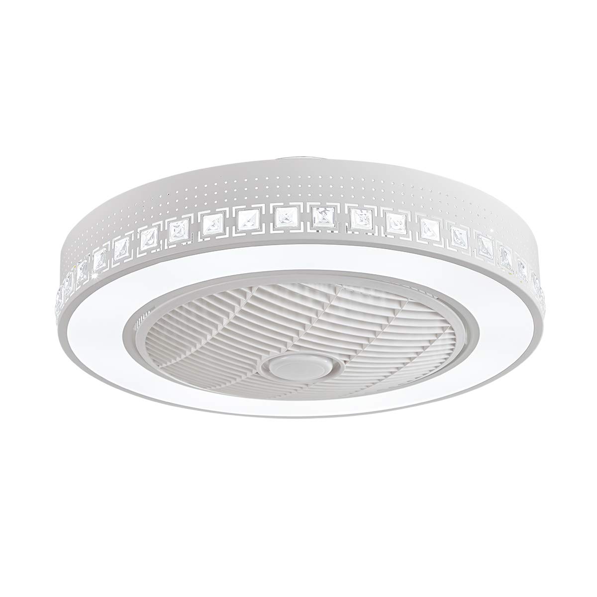 23 Inch White Circular Ceiling Fan with Remote Control - Flush Mount Hidden Blade Chandelier with Dimmable Acrylic Shade - Perfect for Dining Room & Living Room Lighting & Air Circulation