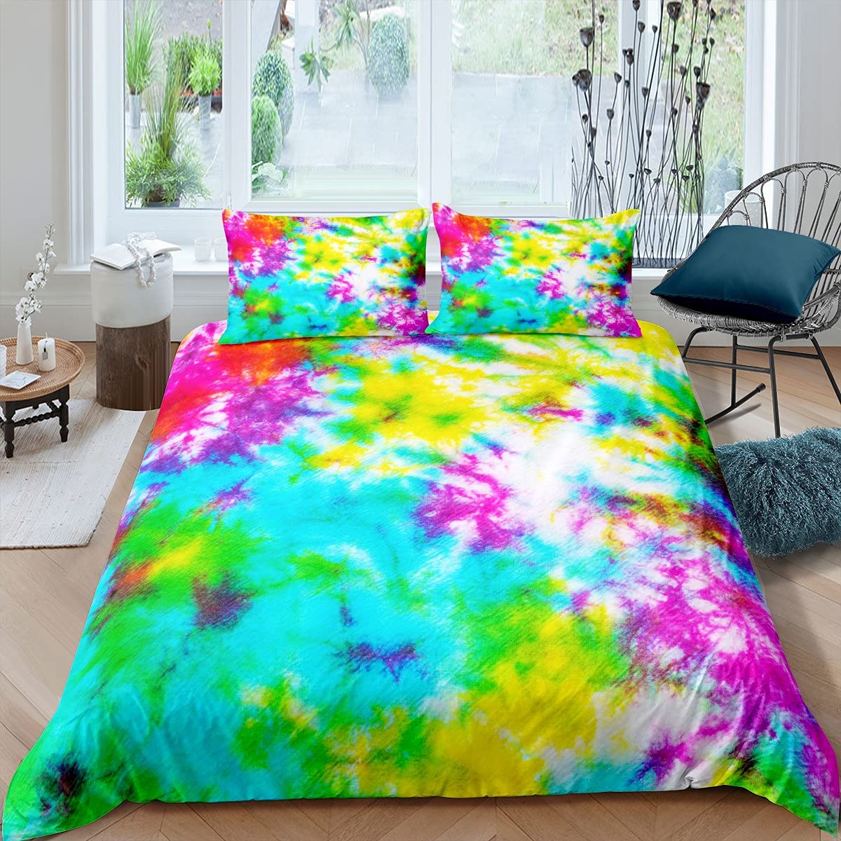 Rainbow Tie Dye Full Size Duvet Cover Set with 2 Pillowcases - Watercolor Bohemian Style Bedding for Teens & Adults | Soft Comforter Cover for Psychedelic Bedroom Decor, Dorm Room or Festival Camping
