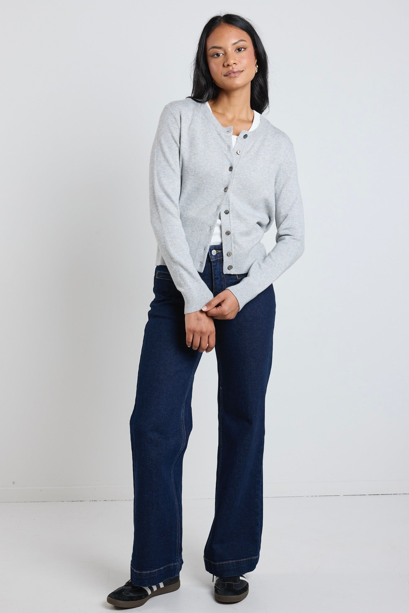 Light Grey Marle Cashmere Blend Crewneck Cardigan - Soft & Warm Signature Knitwear for Women | Perfect for Office, Date Night & Cozy Evenings