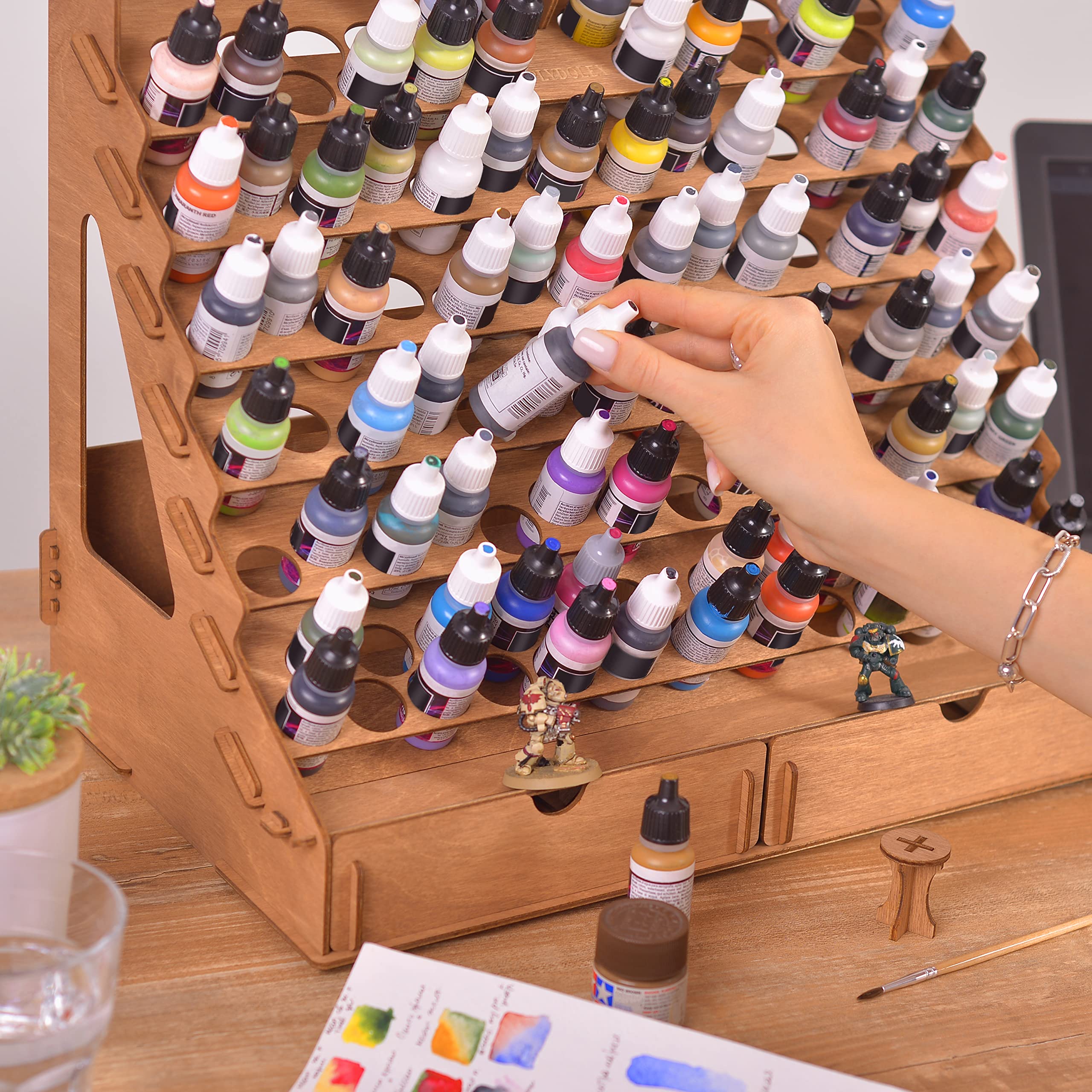 105 Bottle & 14 Brush Paint Organizer with 6 Mini Stands - Miniature Paint Storage for Artists & Hobbyists - Perfect for Warhammer, D&D, Model Kits & Craft Projects