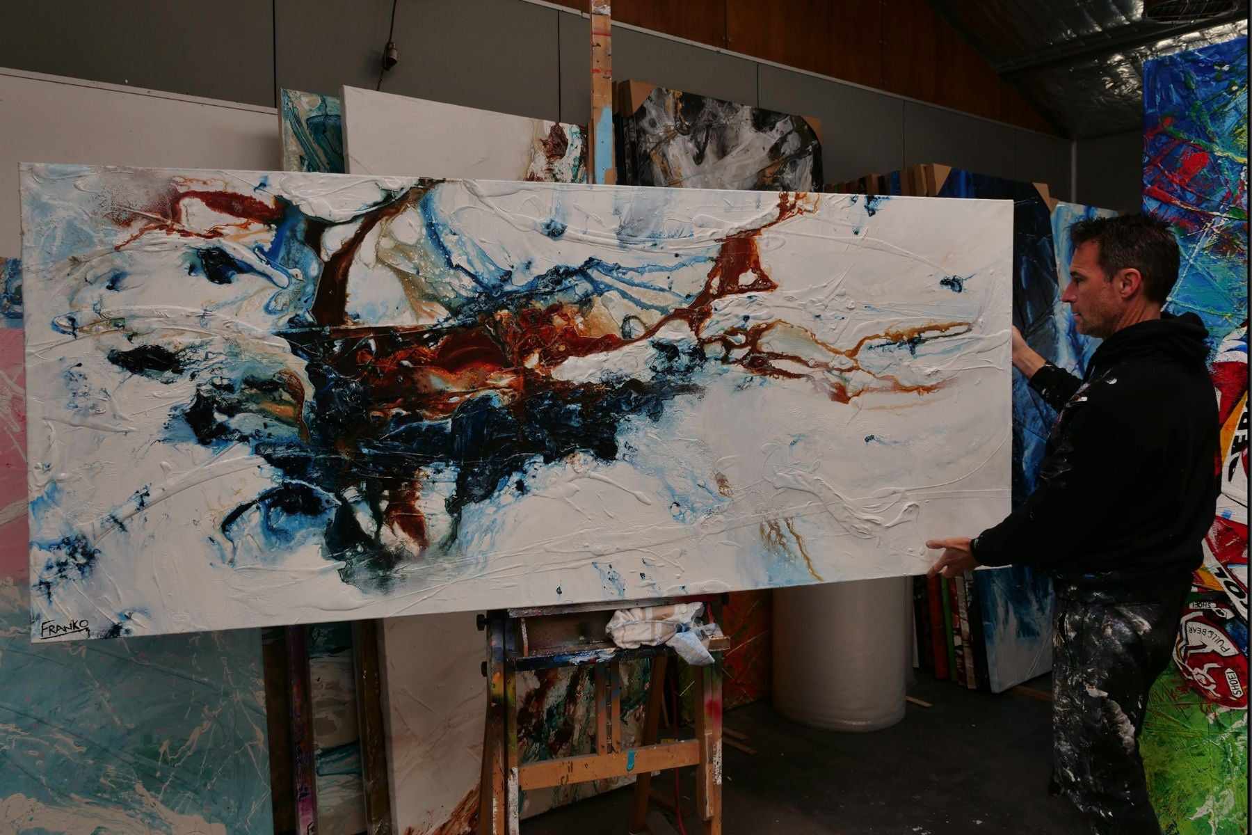 Midnight Oxide 240cm x 100cm Blue Rust Textured Abstract Canvas Art - Modern Wall Decor for Living Room, Bedroom & Office