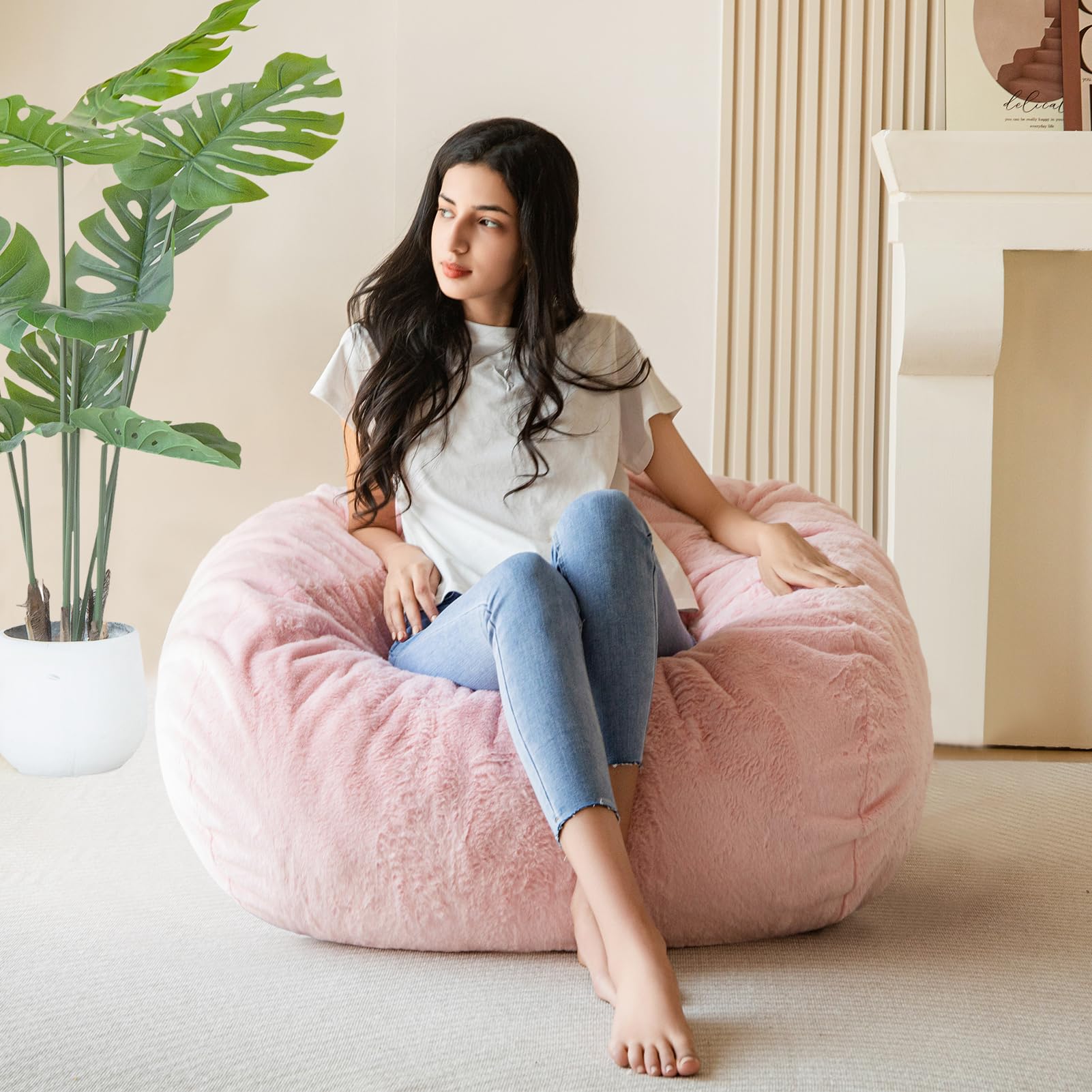 MAXYOYO 3ft Ultra Soft Fur Bean Bag Chair for Adults - Shaggy Pink Lazy Sofa for Living Room, Bedroom & Lounge | Perfect for Relaxing, Gaming & Movie Nights