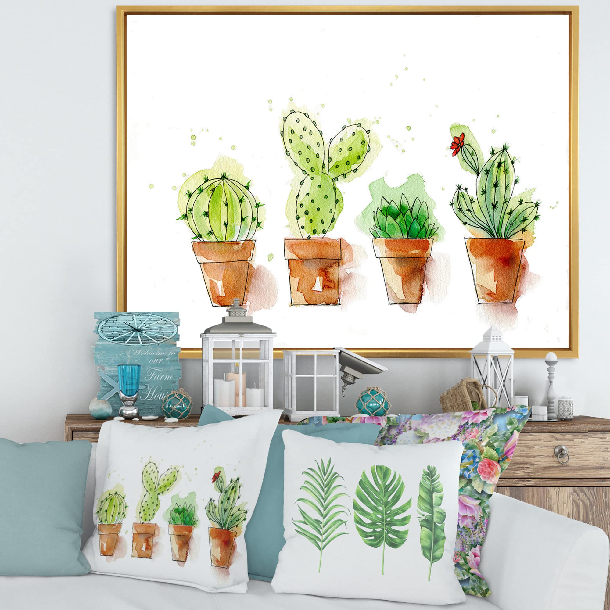 DesignQ Cacti in Ceramic Pots - Soft Tone Traditional Framed Canvas Wall Art Print | Perfect for Living Room, Bedroom & Office Decor