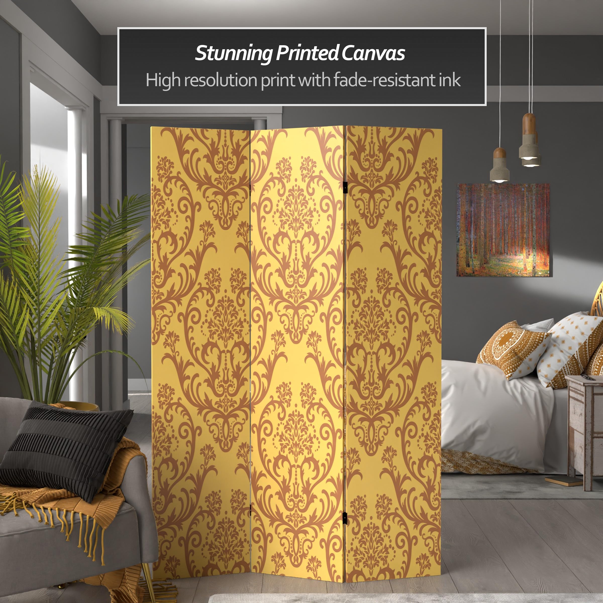 6 ft. Tall Double Sided Red Lantern Room Divider - 71 Inch Height, 3 Panel Folding Privacy Screen with Orange Damask Pattern - Perfect for Home Decor, Office Partition & Event Backdrop