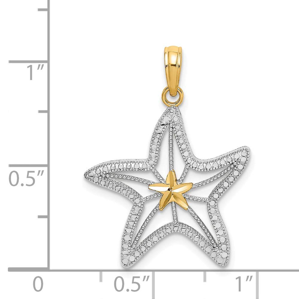 14K Two-Tone Gold Diamond-Cut Starfish Pendant Necklace - White & Yellow Gold Small Starfish Charm with White Star Center (0.81
