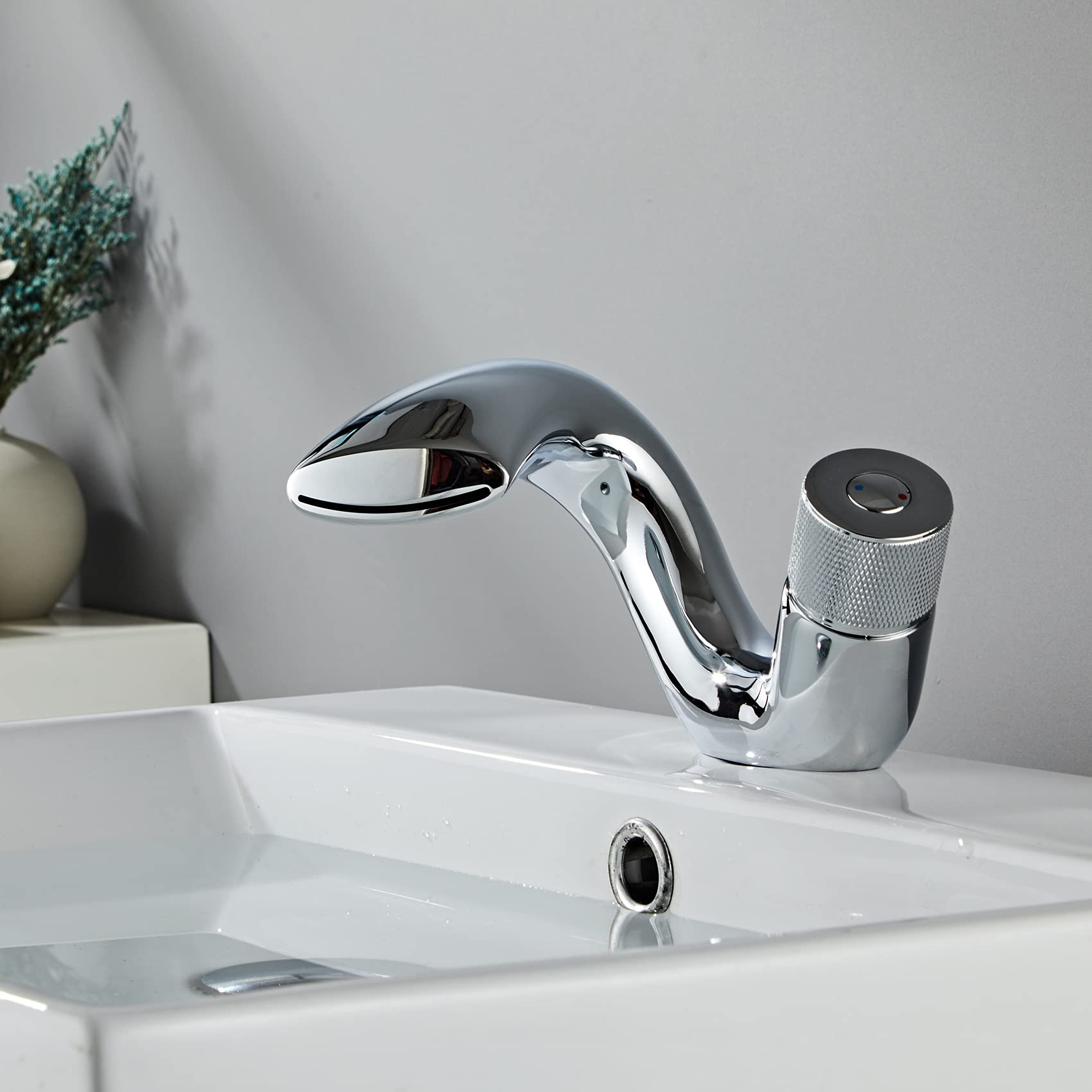 Wovier Waterfall Chrome Bathroom Sink Faucet with Supply Hose - Single Handle Single Hole Lavatory Faucet, Slanted Body Basin Mixer Tap for Commercial & Home Use - Perfect for Restaurants, Hotels, and Modern Bathrooms