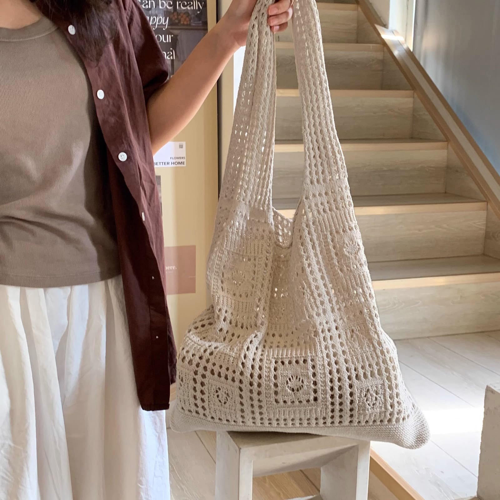 WITERY Crochet Tote Bag - Handmade Knitted Mesh Beach Purse for Women, Summer Fashion Shoulder Bag - Perfect for Beach Outings, Picnics and Shopping