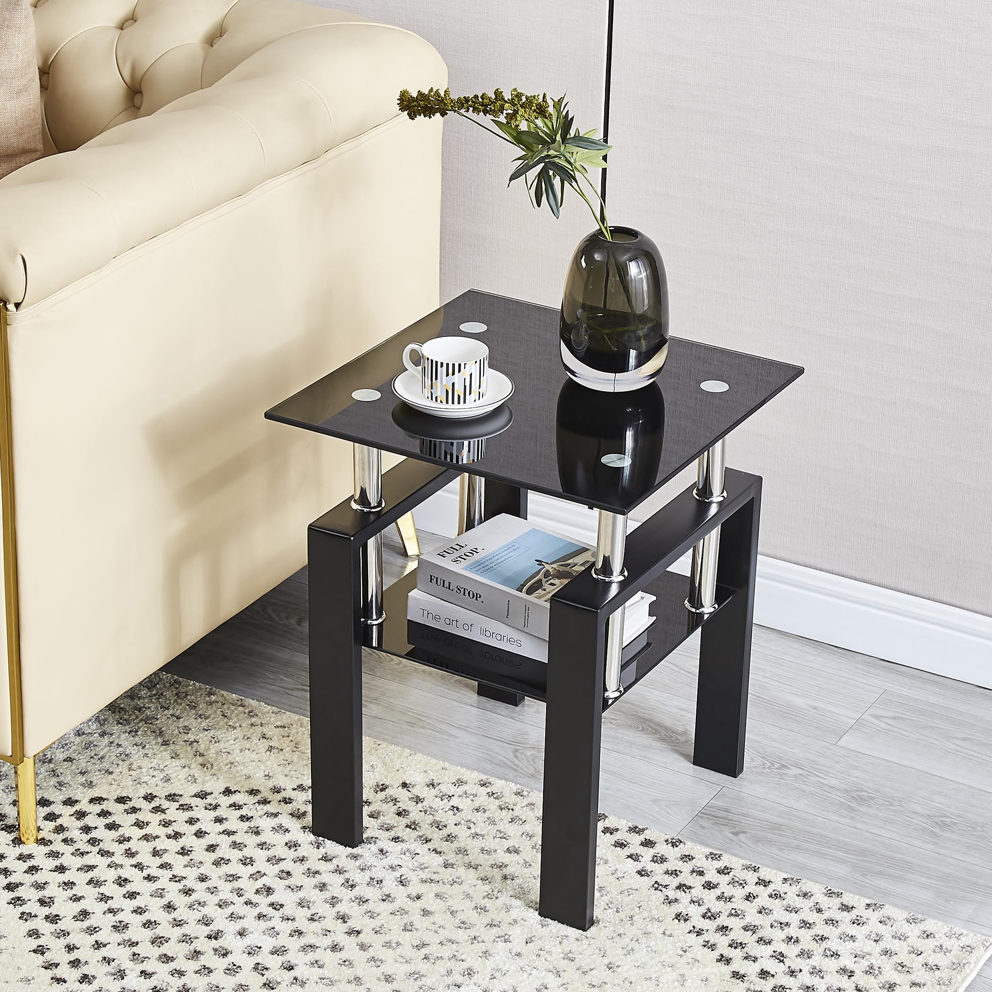 Modern Black Glass Coffee Table Set of 3 - Transparent Living Room Furniture with Waterfall Design - Includes Coffee Table & End Tables - Perfect for Small Spaces, Apartments & Contemporary Home Decor