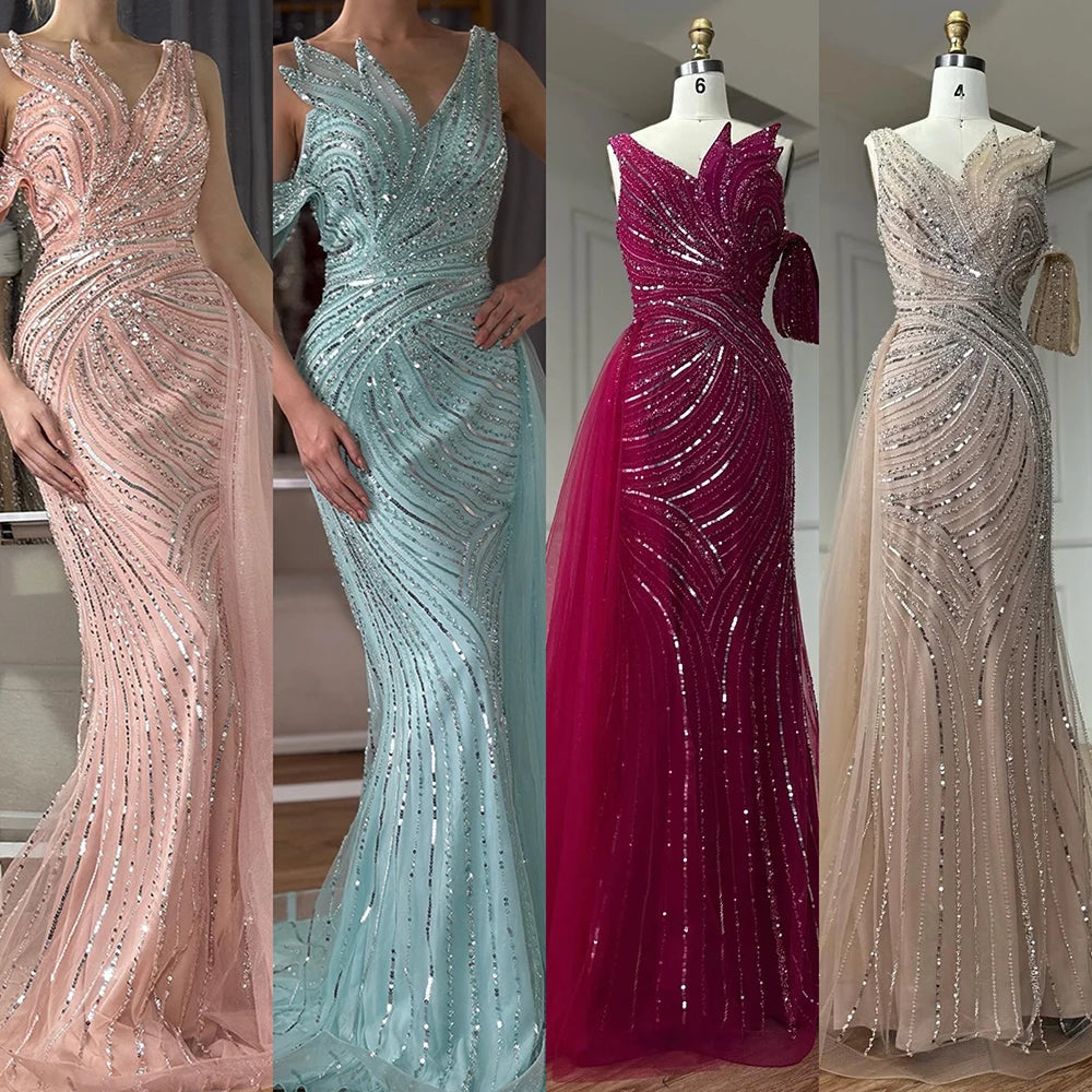 Elegant One Shoulder Beaded Long Evening Dress - Dubai Arabic Pink Mermaid Gown for Prom, Wedding & Formal Occasions | LA72662A