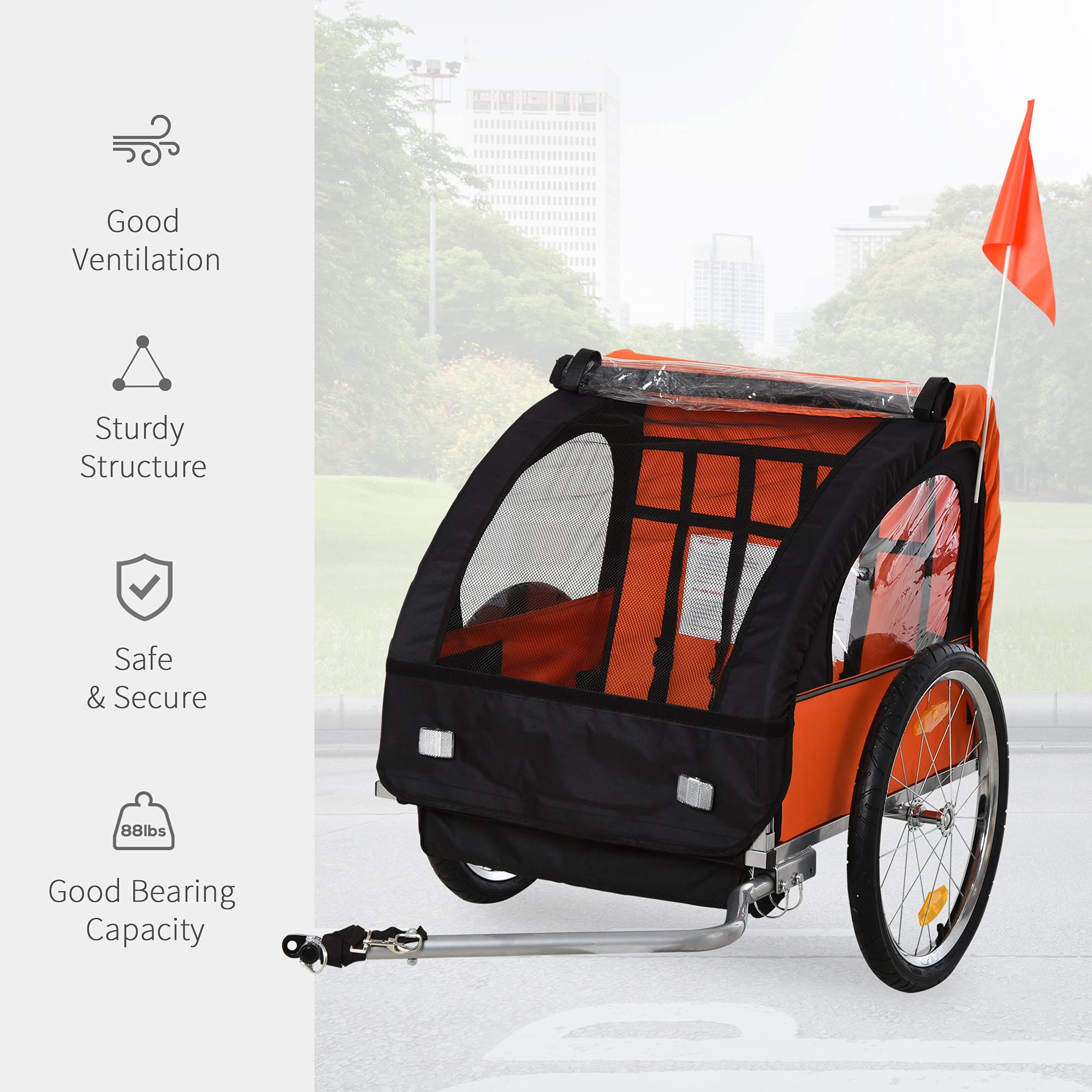 Aosom Heavy Duty Double Bike Trailer for Kids & Toddlers - Steel Frame Bicycle Cargo Carrier with 5-Point Safety Harness, Weatherproof Cover, Reflective Stripes & Safety Flag - Perfect for Family Cycling, Grocery Trips & Outdoor Adventures