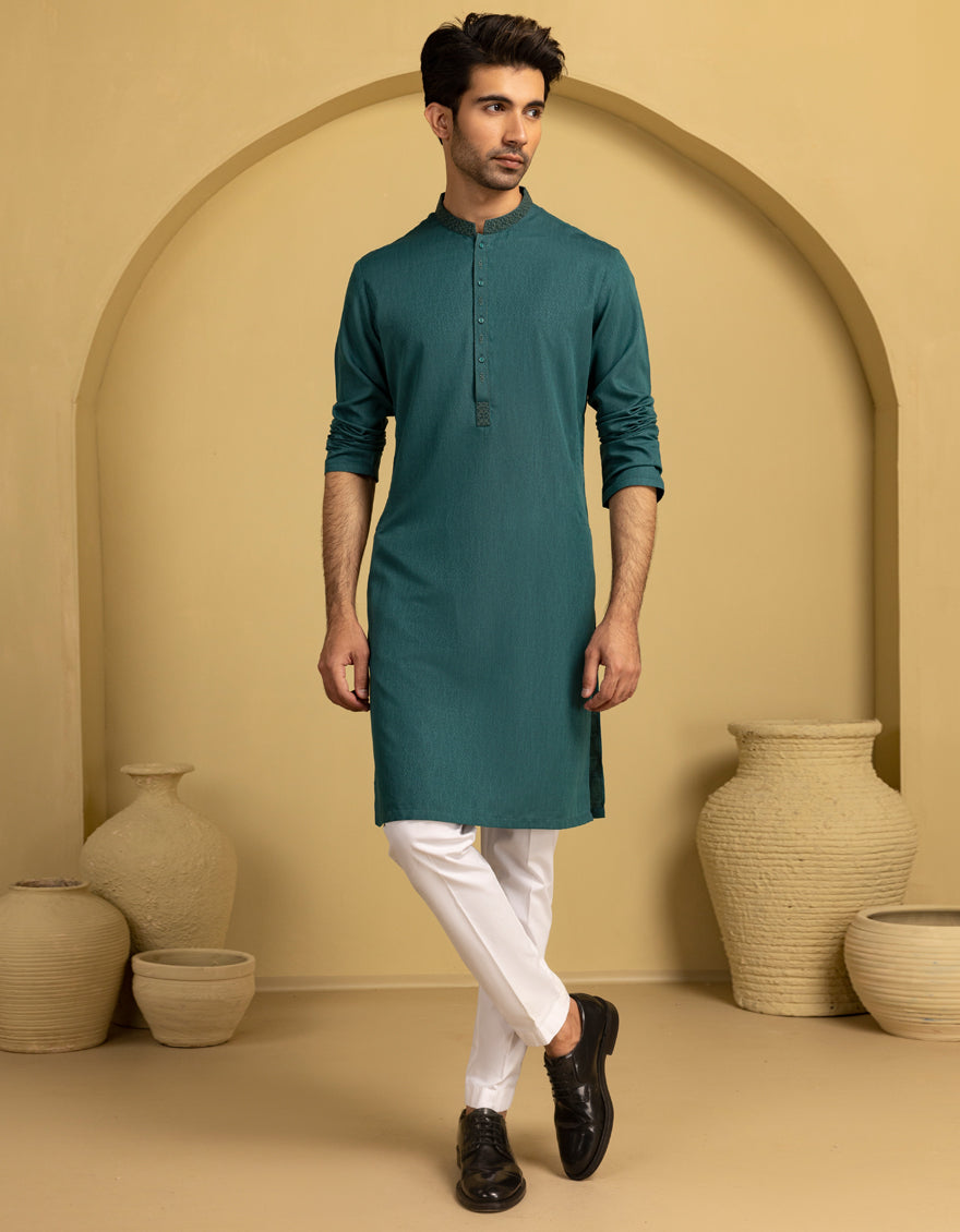 Blended Green Kurta by J. Junaid Jamshed - Stylish Pakistani Traditional Dress for Women, Perfect for Eid, Weddings & Special Occasions