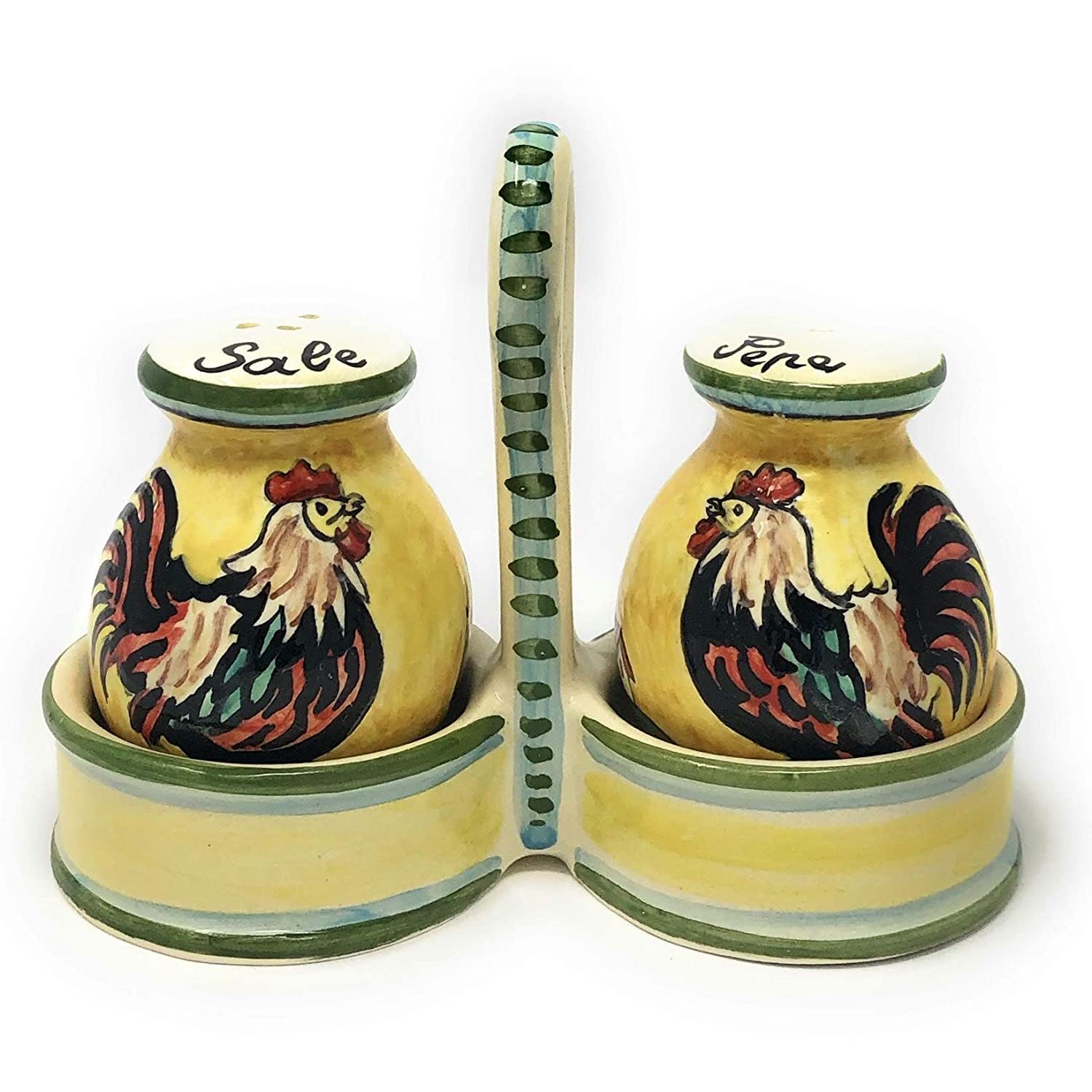Italian Ceramic Salt and Pepper Shakers Set - Hand Painted Rooster Design Tuscan Florence Art Pottery - Made in Italy - Perfect for Kitchen, Dining Table & Home Decor