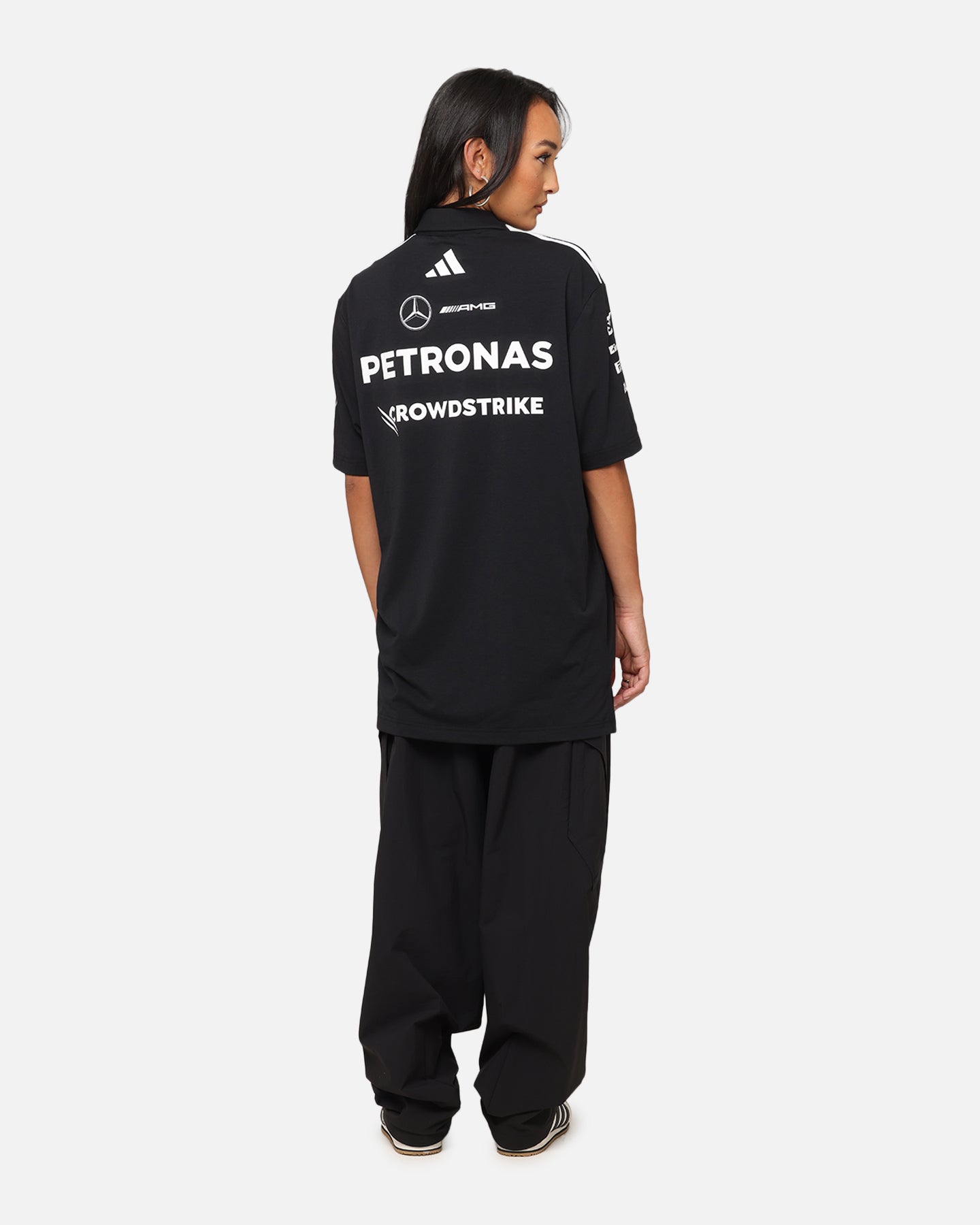Adidas x Mercedes AMG Petronas F1 2025 Team Polo Shirt - Black & White - Men's Performance Golf & Racing Polo for Motorsport Fans