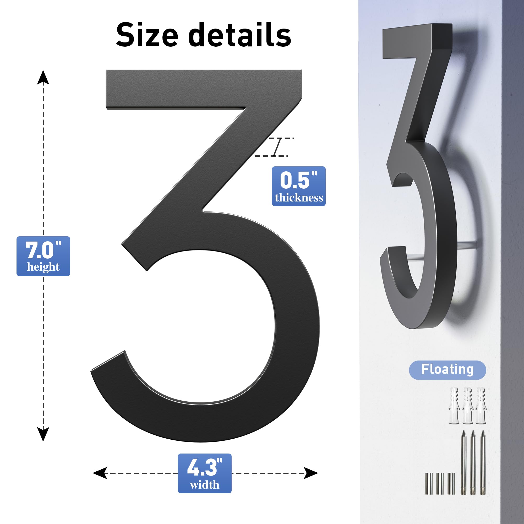 7 Inch Black Modern Floating Metal House Numbers - Large Exterior Address Plaque for Home, Door, and Street - Weatherproof & Durable for Outdoor Use - Perfect for Mail Delivery, Visitors, and Curb Appeal