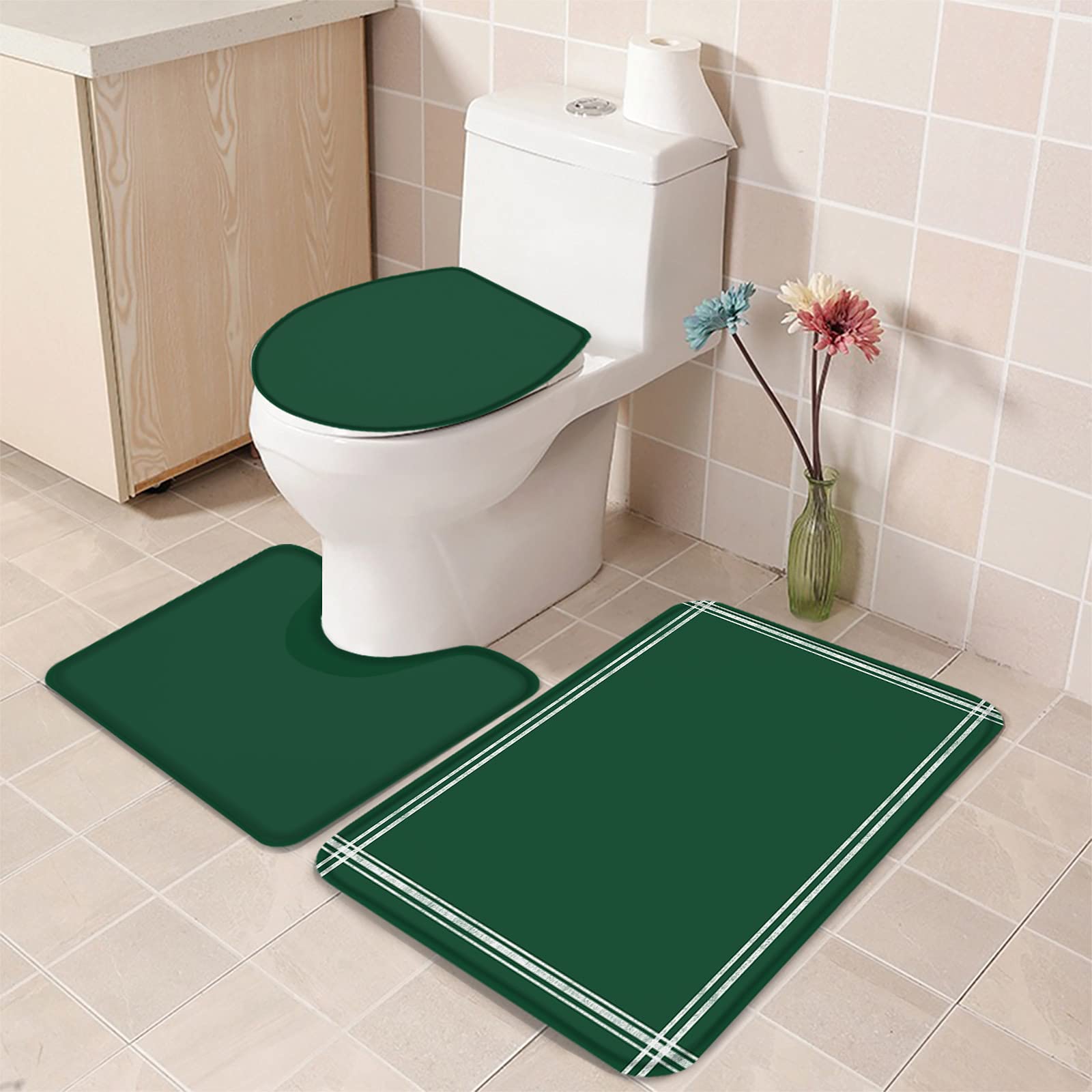 3-Piece Modern Olive Green Bathroom Rug Set - Non-Slip Bath Mat, Contour Mat & Toilet Lid Cover | Absorbent Shower Mats for Safety & Comfort | Minimalist Style Bath Accessories for Home, Apartment & Spa