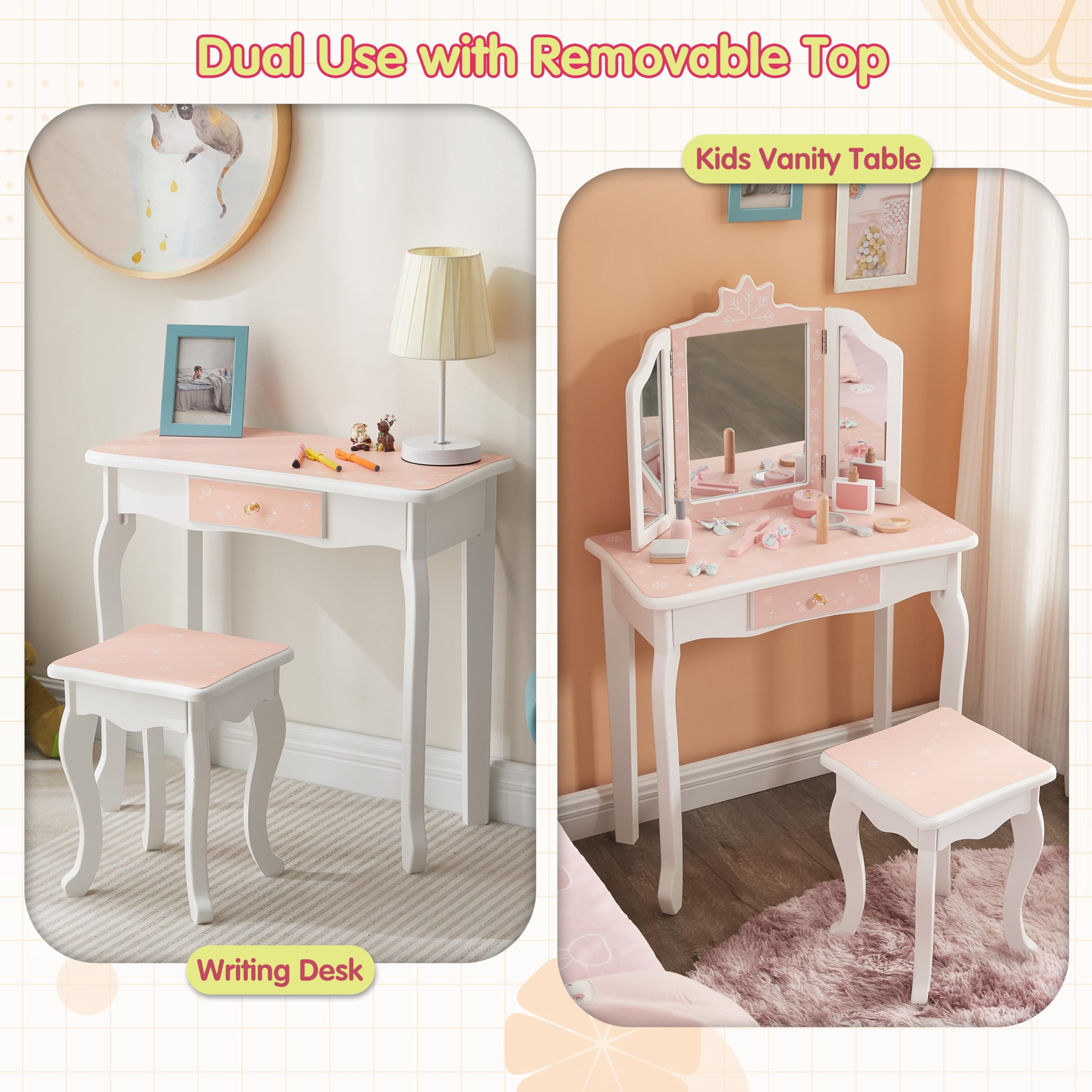 **Pink Kids Vanity Table & Stool Set for Girls Ages 3-8 - 2-in-1 Princess Makeup Dressing Table & Writing Desk with Detachable Tri-Folding Mirror & Drawer - Perfect for Playroom, Bedroom & Birthday Gifts**
