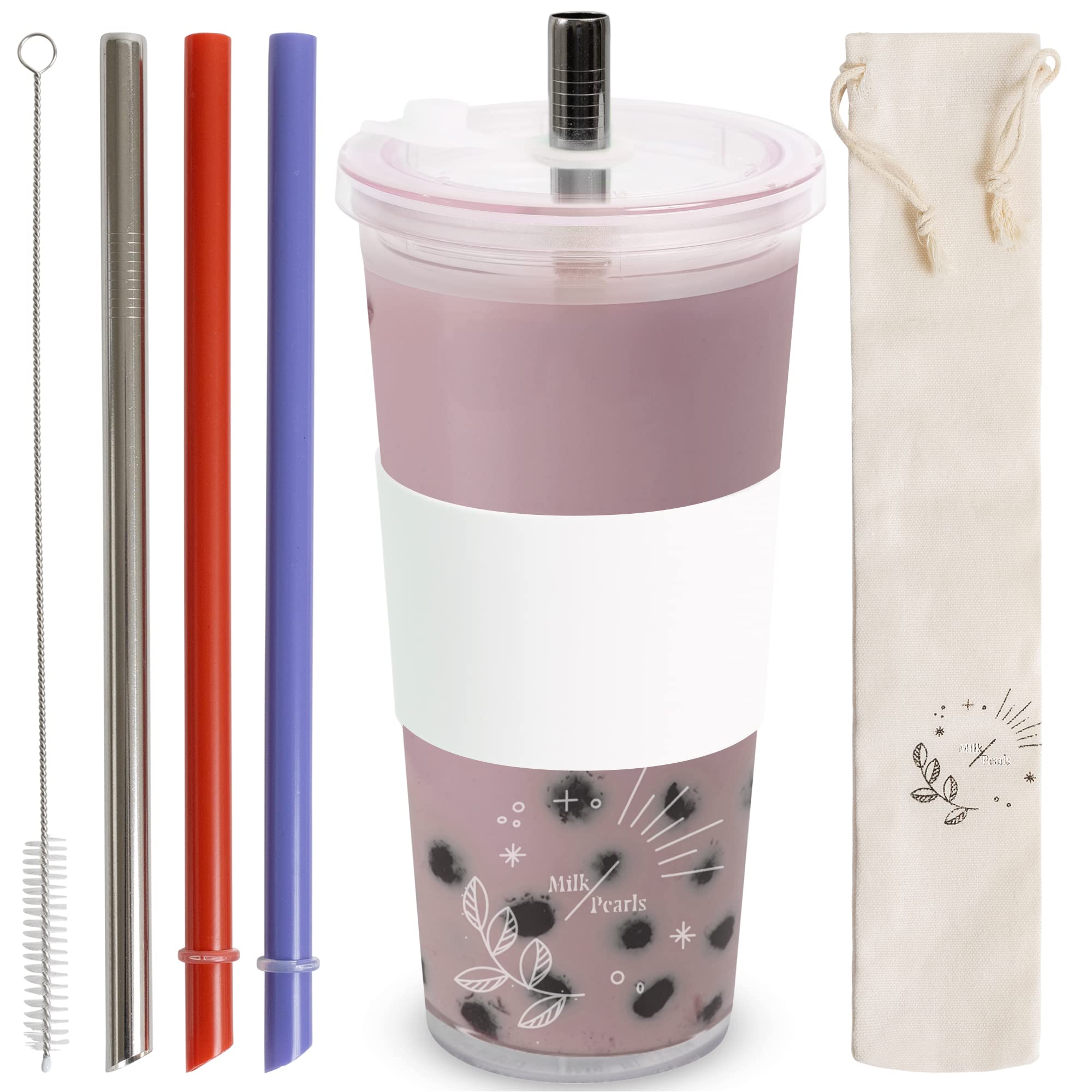Leak Proof Reusable Boba Cup - 24oz Double Walled Insulated Smoothie & Bubble Tea Cup with Lid & Straw - Easy to Clean, Eco-Friendly Drinkware for Home, Office, Travel & Outdoor Activities