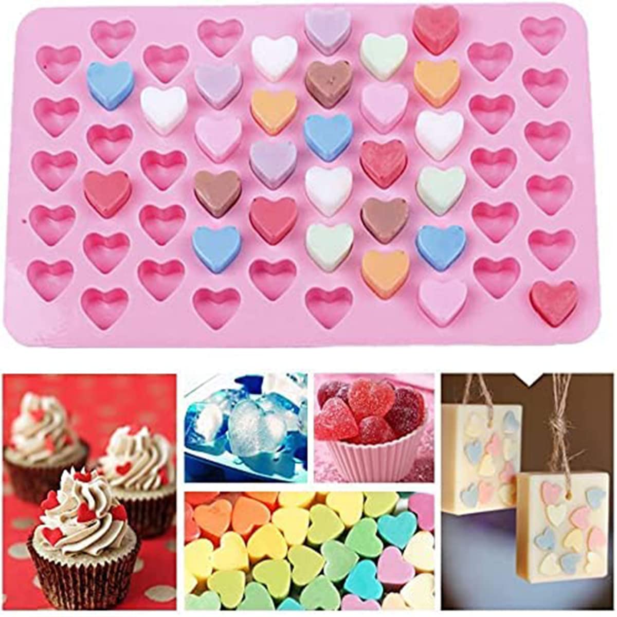 Premium Silicone Heart-Shaped Molds - 55 Cavity Baking Molds for Chocolate, Candy, Ice Cubes & Gummy Treats | Valentine's Day Cake Decorations & Party Desserts (Pink/Green) - Perfect for Romantic Gifts, Wedding Favors, and DIY Sweet Creations
