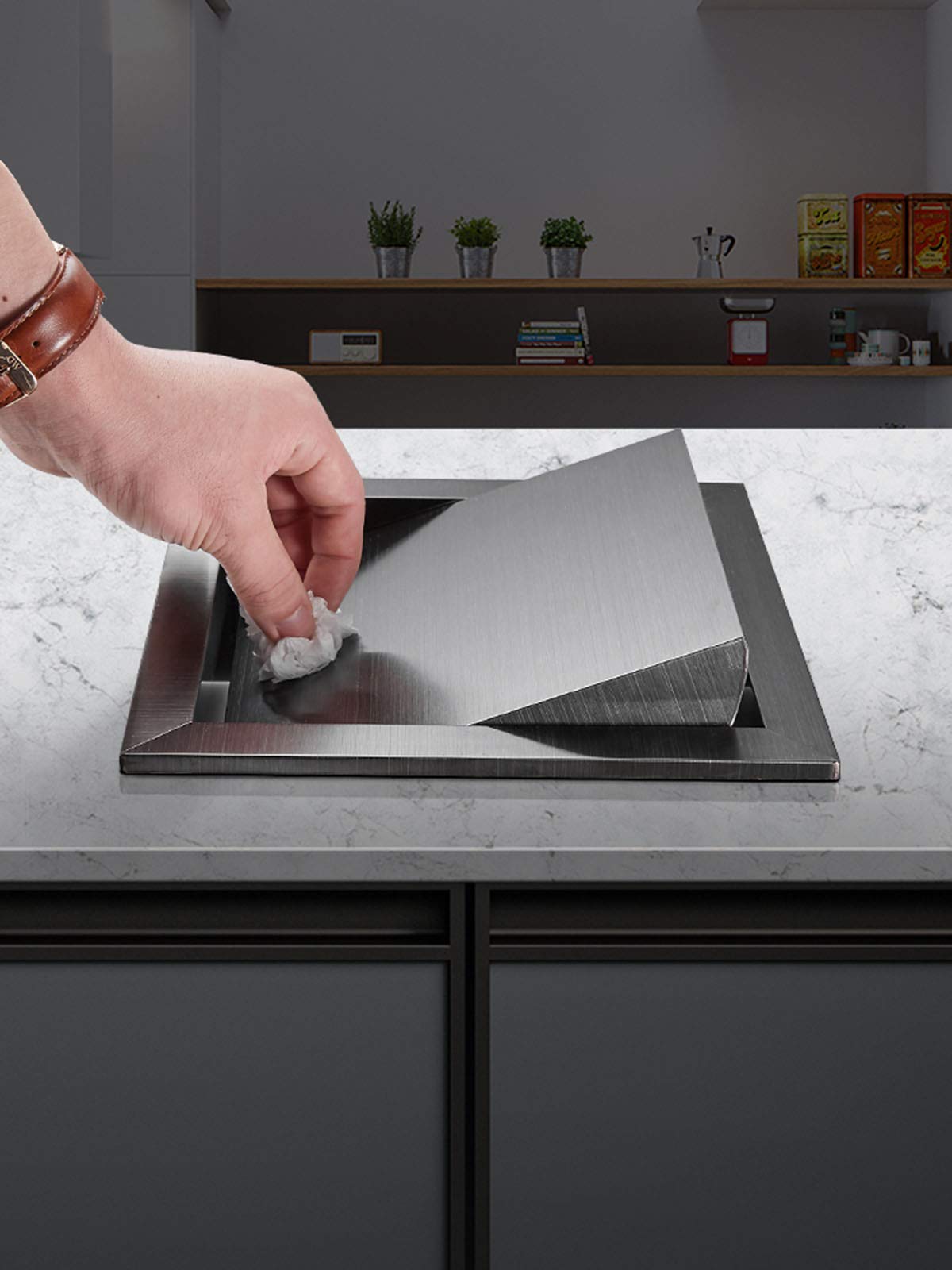 304 Stainless Steel Square Trash Chute Lid - Built-in Countertop Waste Flap Cover with Brushed Finish | Swing Design for Easy Disposal | Perfect for Kitchen Islands, Office Break Rooms & Restaurant Prep Areas