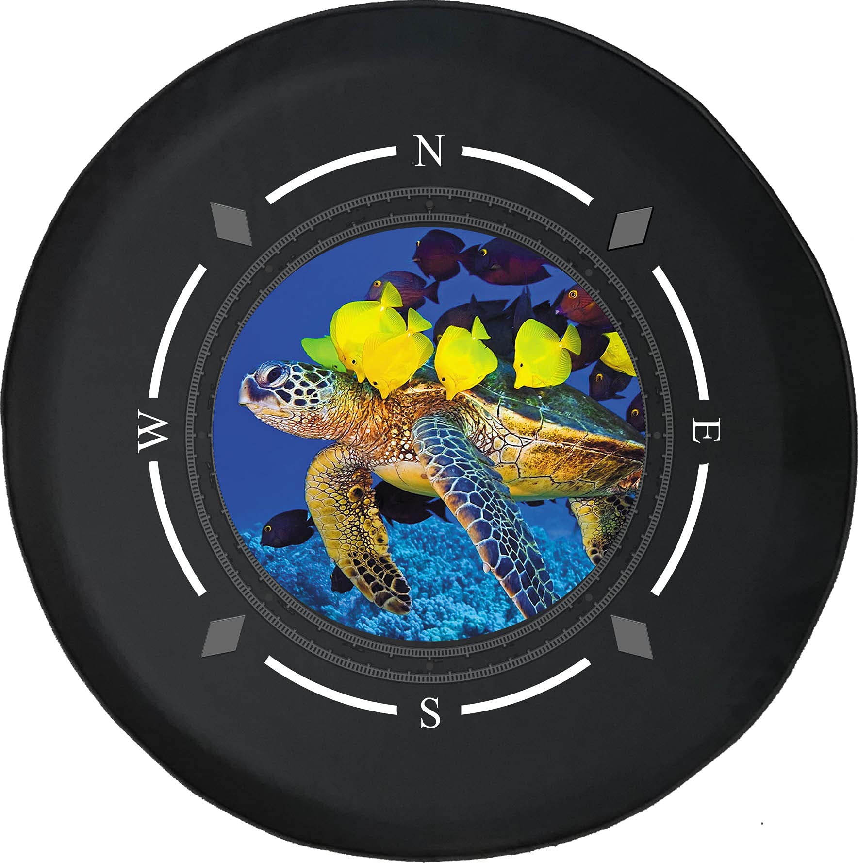 American Unlimited Spare Tire Cover with Compass & Sea Turtle Design - Bright Fish Wheel Covers for SUV, Trailer, RV Accessories - Fits Most Vehicles - Perfect for Off-Road Adventures & Camping Trips