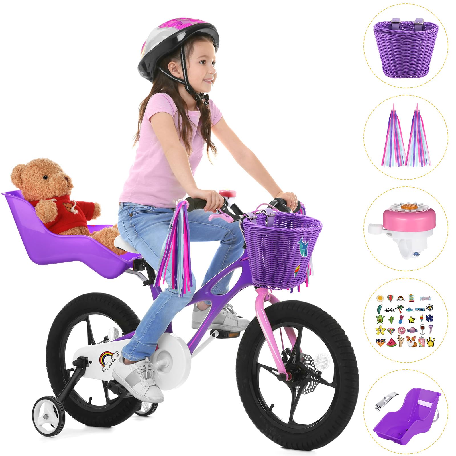 **Colorful Kids Bike Accessories Set - Doll Bike Seat, 30 Pcs Stickers, Basket, Handlebar Streamers, Tassels & Daisy Bell - Perfect Gift for Girls & Boys (Christmas, Birthday, Outdoor Play)**