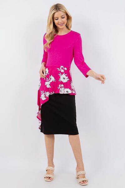Celeste Floral Print Asymmetrical Hem Round Neck Blouse - Plus Size Women's Tops for Casual Wear & Summer Outfits