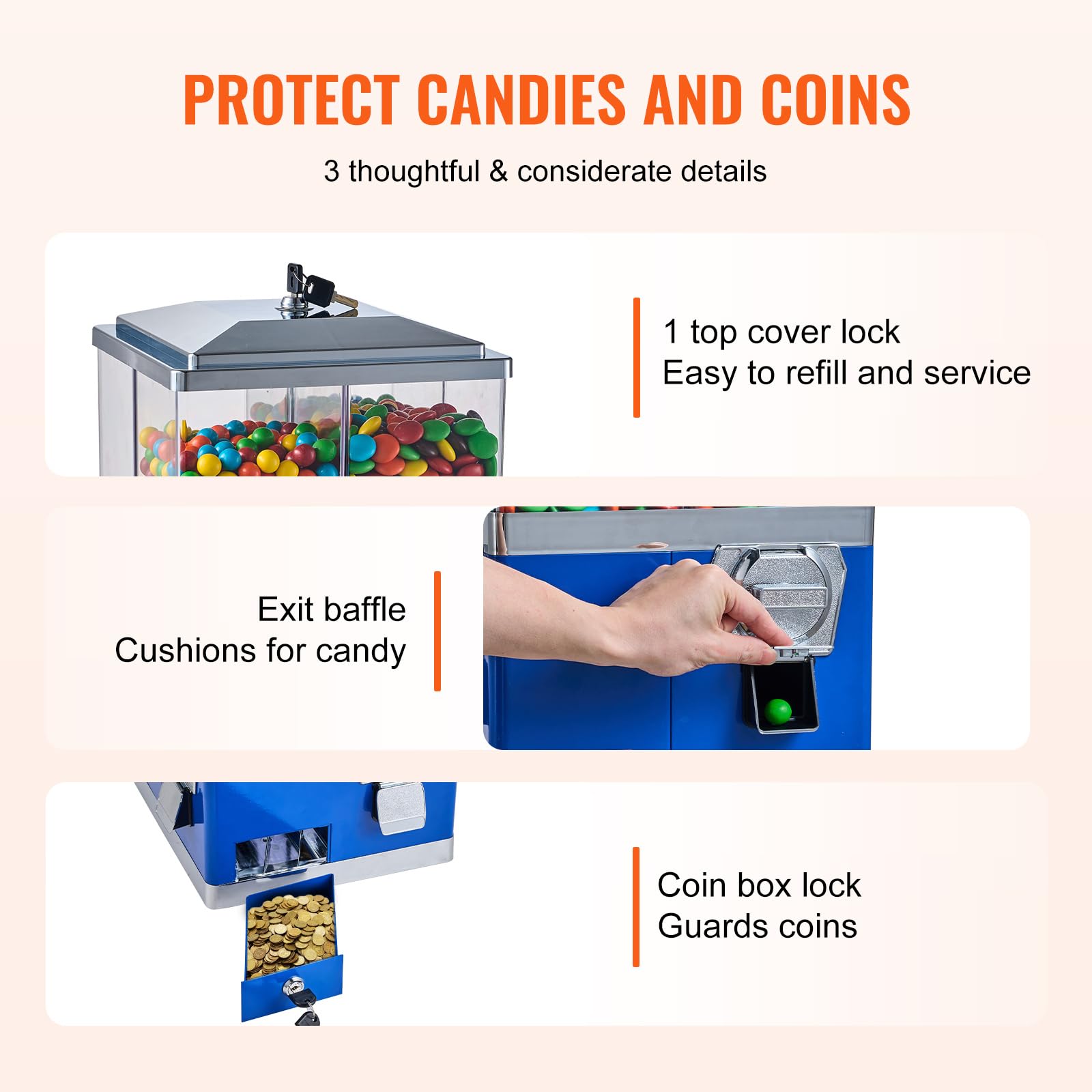 VEVOR Commercial Vending Machine - 4 Compartment Rotatable Gumball & Candy Dispenser with Adjustable Height & Iron Stand | Coin Operated for Gumballs, Candy, Toy Capsules, Bouncy Balls, Nuts | Perfect for Retail Stores, Arcades, Restaurants & Business Use (Blue)