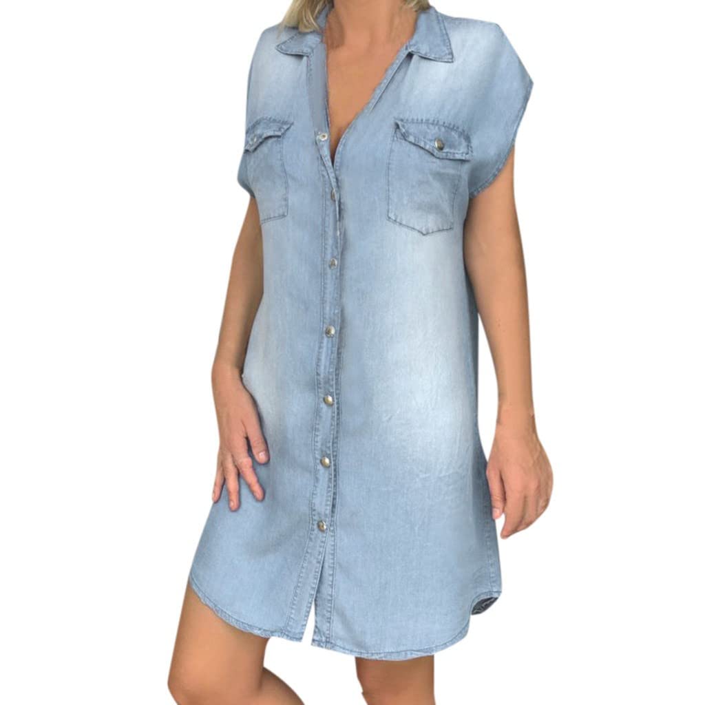 Stylish Women's Casual Turndown Neck Denim Party Dress - Sleeveless Swing Dress for Night Out, Date Night & Summer Events | Comfortable & Fashionable