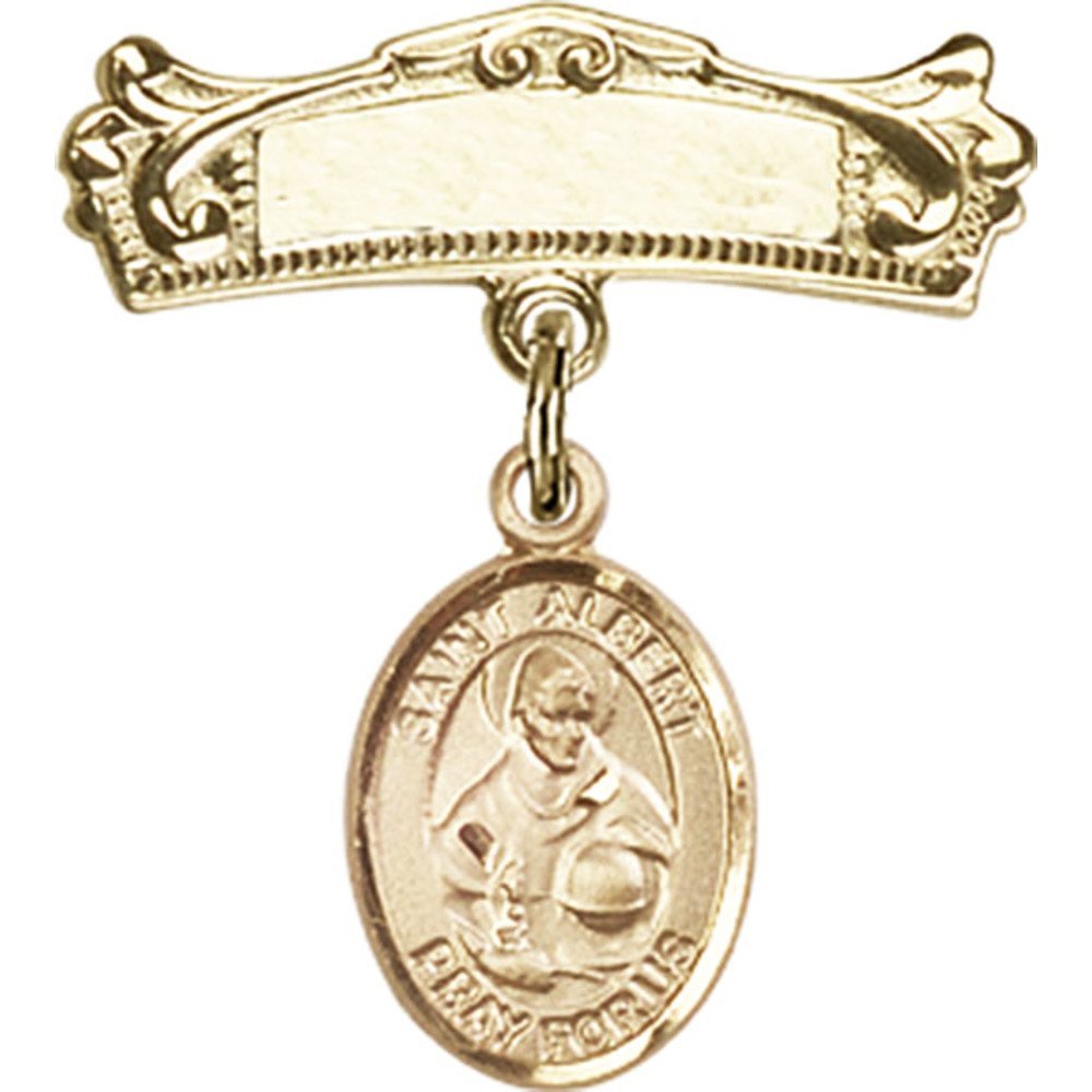 St. Albert The Great Gold Filled Baby Badge with Charm - 7/8 X 3/4 Inch Arched Polished Pin - Perfect for Christening Gifts, Baby Showers & Religious Keepsakes